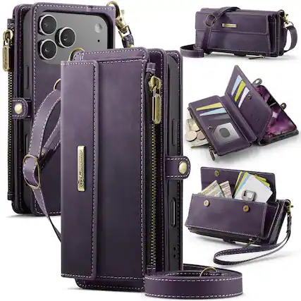 Front. Dteck - Wallet Case for Apple iPhone 17 Pro Max, Leather Shockproof Card Slots Zipper Pocket Cover With Shoulder Strap+Lanyard - Purple.