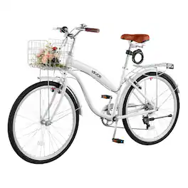 VEVOR - Women Bike, 26 in Beach Cruiser Bike, 7-Speed Adult City Bicycle with Carbon Steel Frame, 330 lbs Capacity, Basket - White