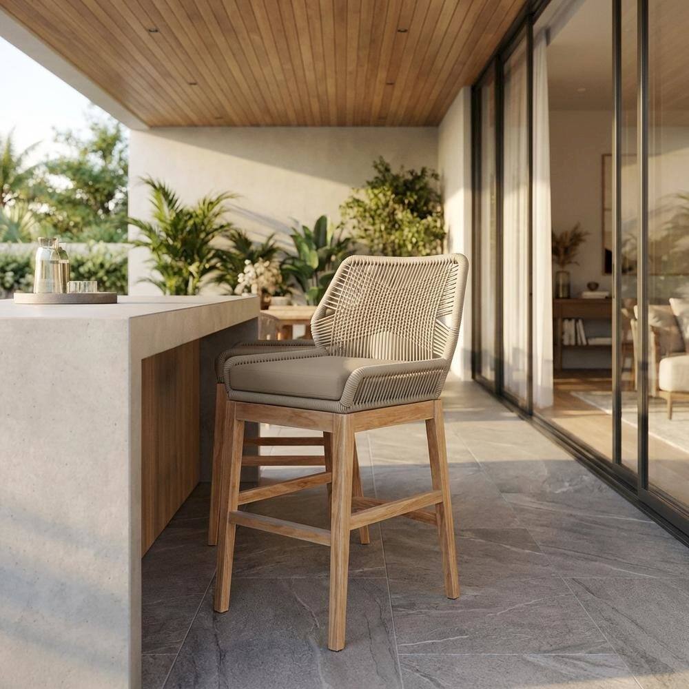 Angle. Outdoor Escape - Teak, Rope Outdoor Counter Stool, Weather-Resistant Material, Patio Use - Gray.