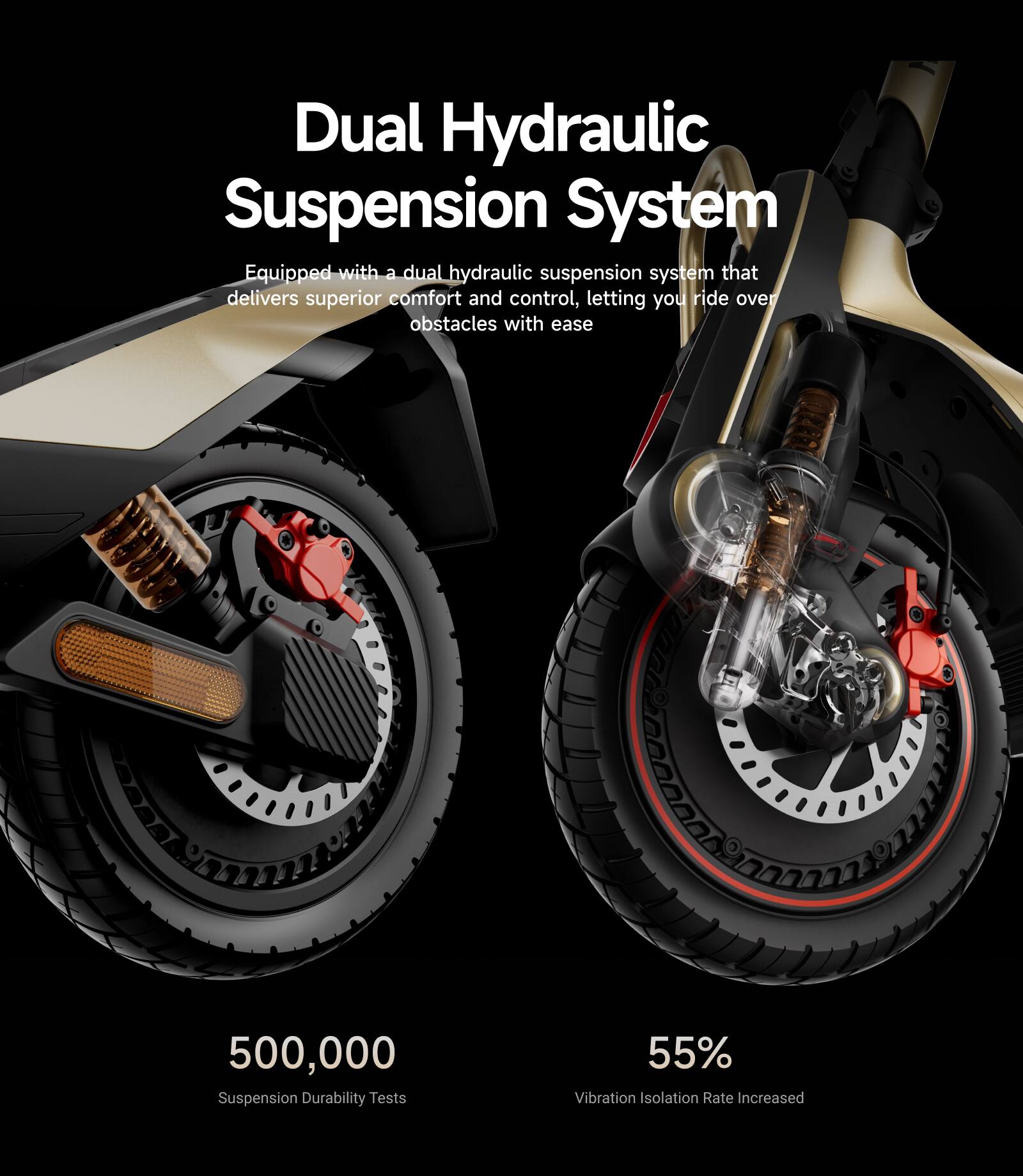 Dual Hydraulic Suspension System

Equipped with a dual hydraulic suspension system that delivers superior comfort and control, letting you ride over obstacles with ease.

500,000 Suspension Durability Tests

55% Vibration Isolation Rate Increased