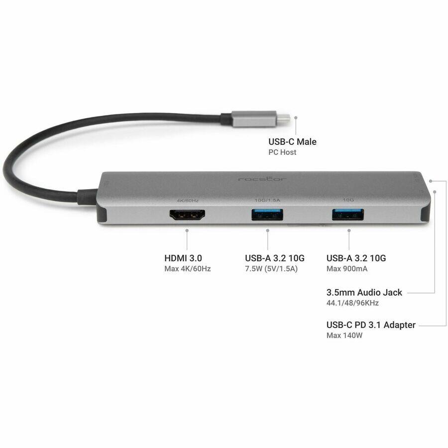 USB-C Male PC Host  
HDMI 3.0 Max 4K/60Hz  
USB-A 3.2 10G 7.5W (5V/1.5A)  
USB-A 3.2 10G Max 900mA  
3.5mm Audio Jack 44.1/48/96KHz  
USB-C PD 3.1 Adapter Max 140W
