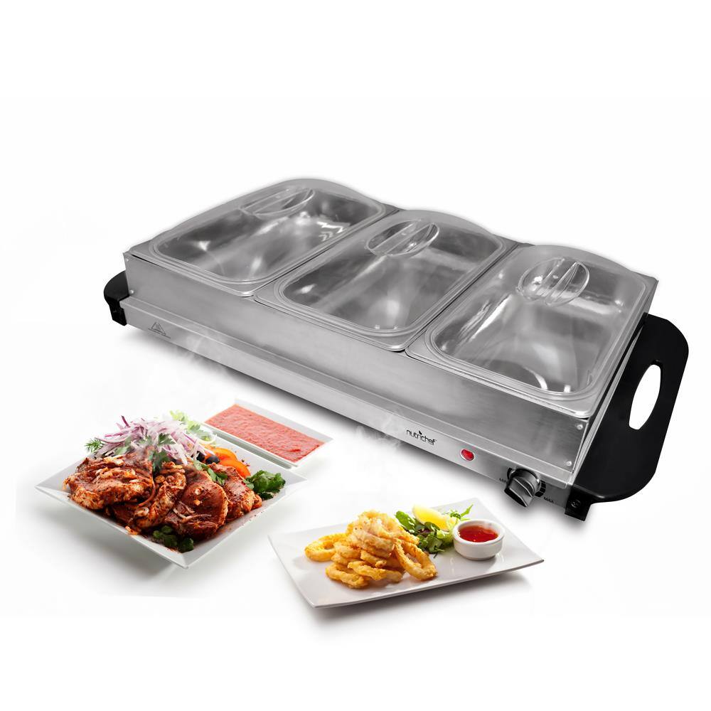 Front. NutriChef - NutriChef Stainless Steel Buffet Warmer Server with 3 Trays, Portable Hot Plate Food Warmer for Parties & Events - Grey.
