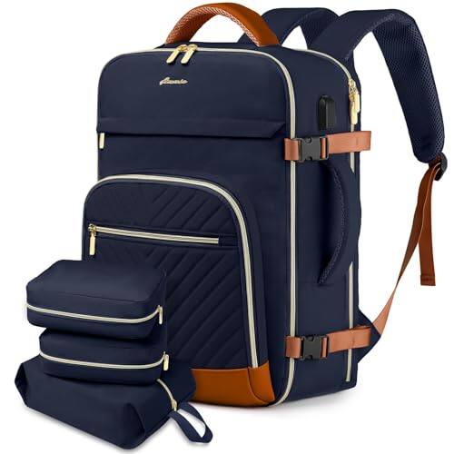 Stamp n Camp - Large Carry On Travel Backpack Flight Approved 40l Waterproof Personal Item Daypack For Women Weekender Bag Fit 17inch - Blue Brown