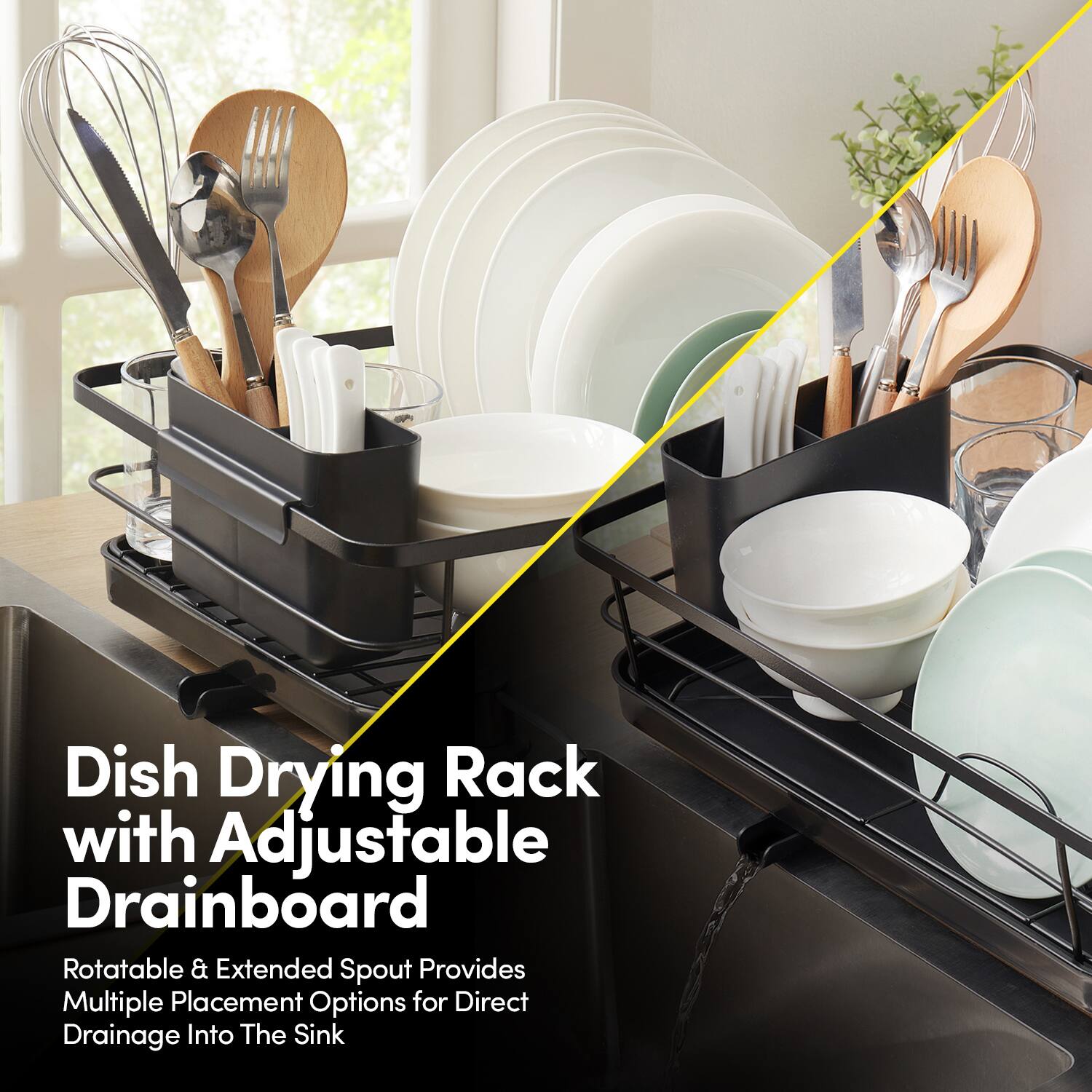 Dish Drying Rack with Adjustable Drainboard

Rotatable & Extended Spout Provides Multiple Placement Options for Direct Drainage Into The Sink