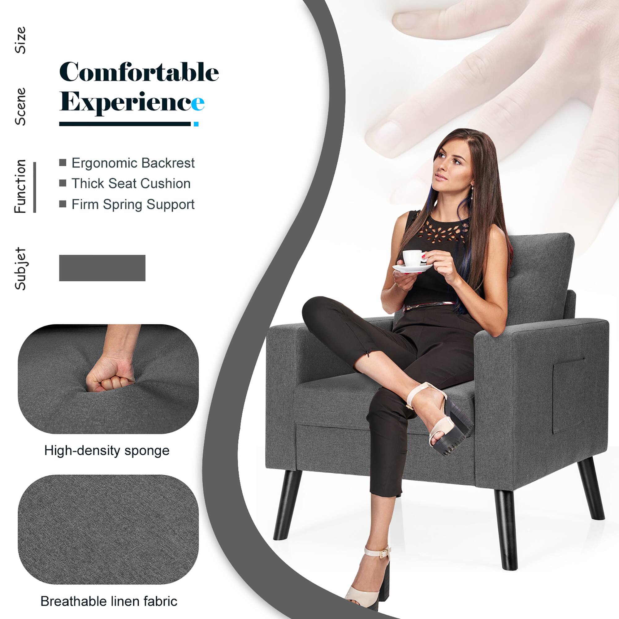 Sure, here is the corrected and grouped text from the image:

---

**Comfortable Experience**

- **Ergonomic Backrest**
- **Thick Seat Cushion**
- **Firm Spring Support**

**Subject**

- **High-density sponge**
- **Breathable linen fabric**

---