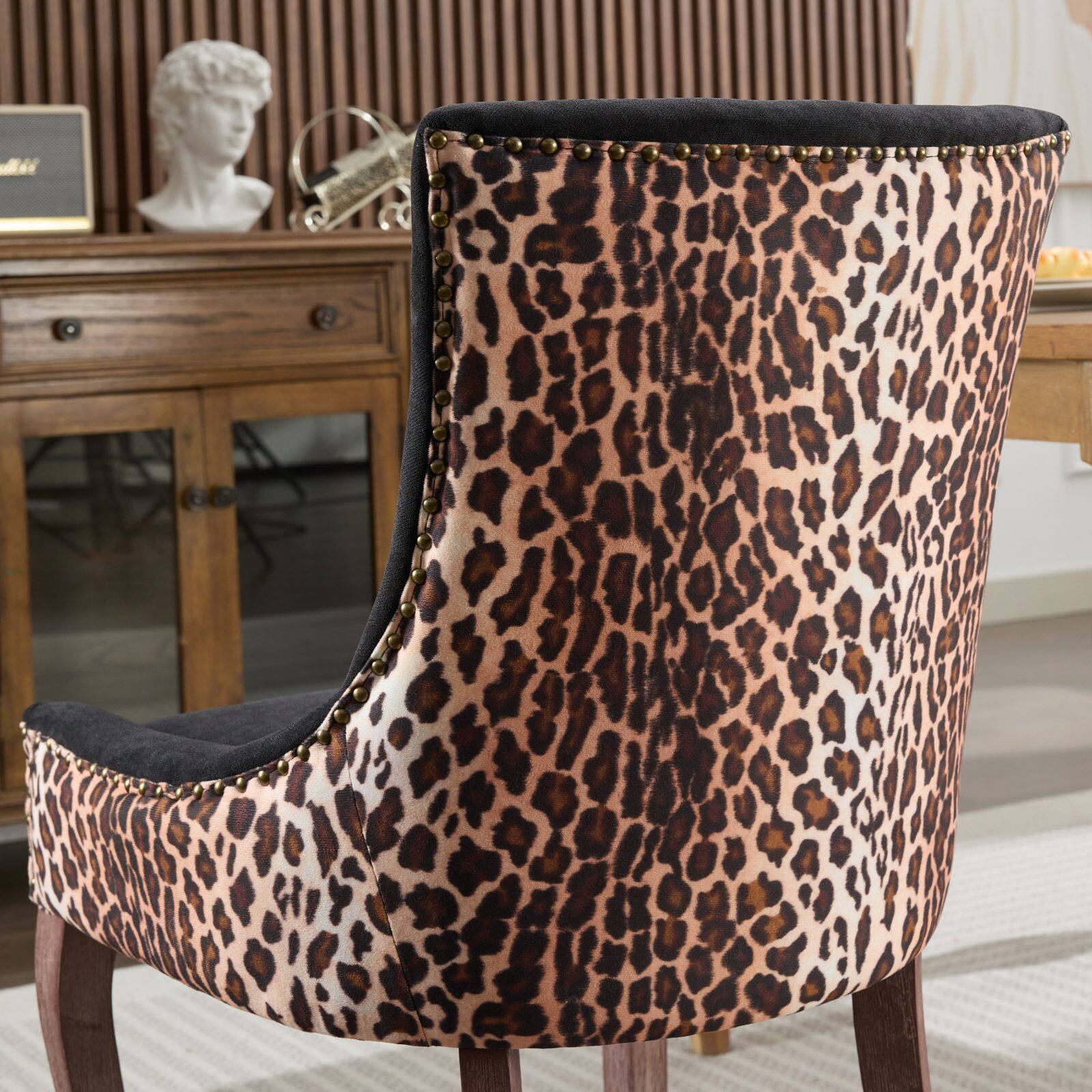 Alt View 6. GOODSILO - Ultra Side Dining Chair - Set of 2, Solid Wood Legs, Bronze Nail Head - Leopard.
