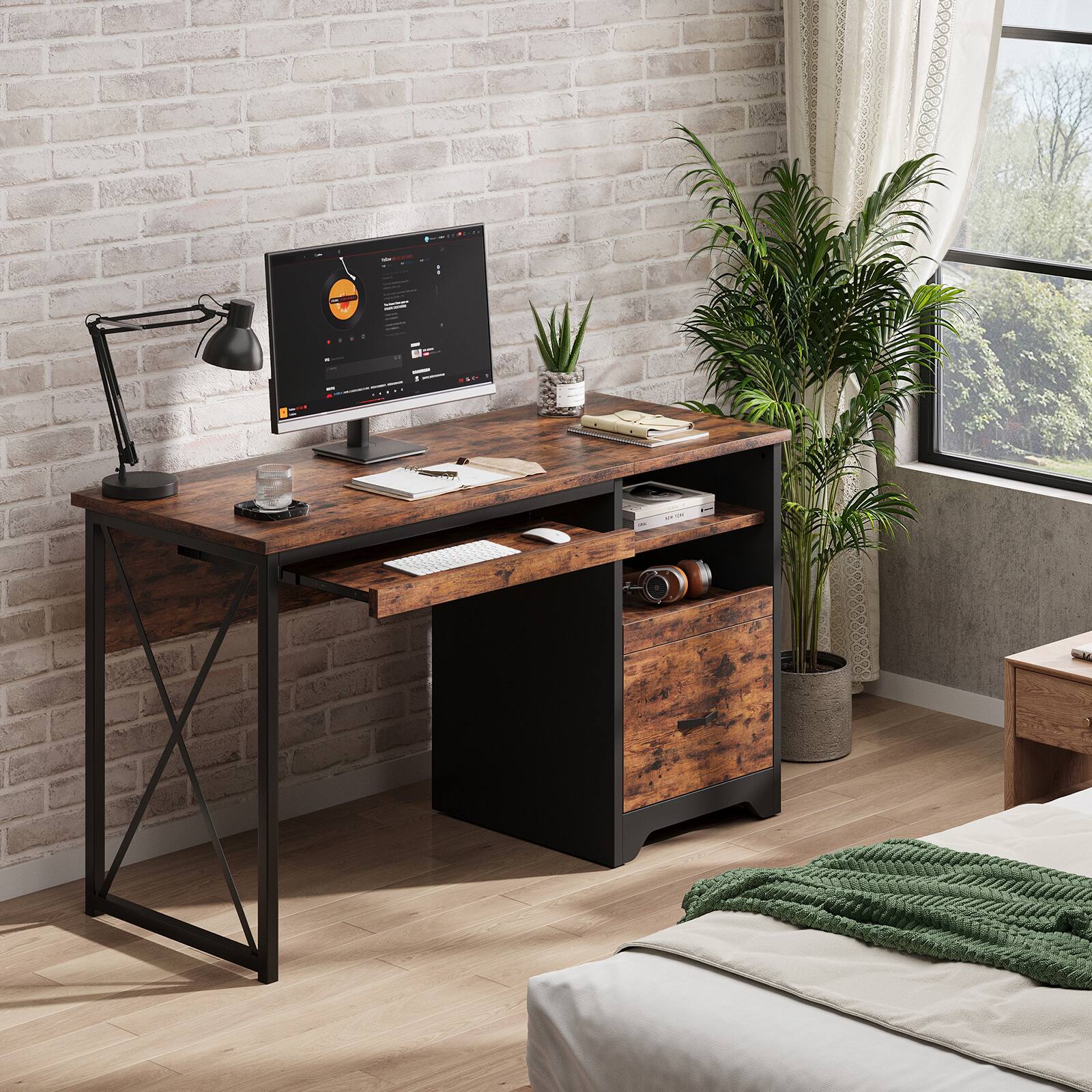 Alt View 2. Bestier - 47 inch Computer Reversible Desk with File and Storage Drawers with Keyboard Tray for Home Office - Rustic Brown.