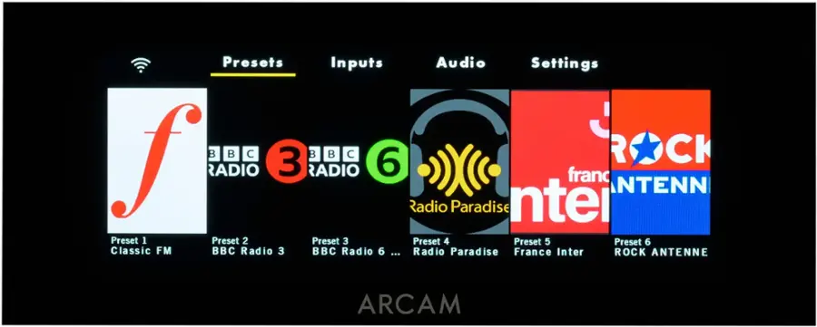 Presets Inputs Audio Settings:

* Preset 1: Classic FM
* Preset 2: BBC Radio 3
* Preset 3: BBC Radio 6
* Preset 4: Radio Paradise
* Preset 5: France Inter
* Preset 6: ROCK ANTENNE

Arcam