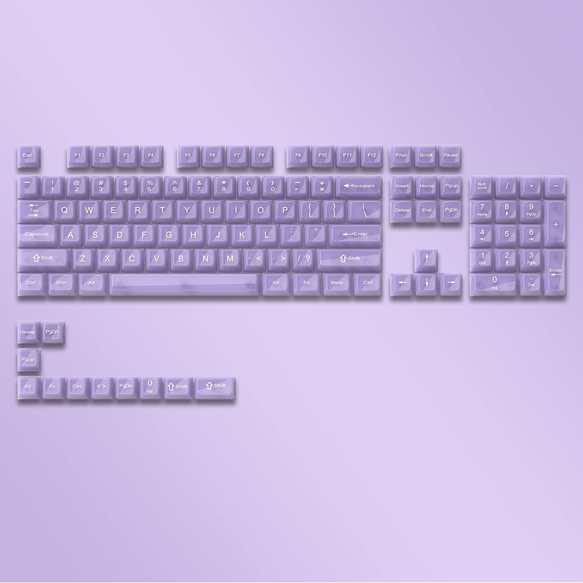 Esc
F1
F2
F3
F4
F5
F6
F7
F8
F9
F10
F11
F12
Print
Scroll
Pause
1
2
3
4
5
6
7
8
9
0
Backspace
Insert
Home
Pgup
Lock
Y
Tab
Q
W
E
R
T
Y
U
I
O
P
Delete
End
PgDn
Capslock
A
S
D
F
G
H
J
K
L
Enter
Shift
Z
X
C
V
B
N
M
Shift
Ctrl
Win
Alt
Alt
Fn
Menu
Ctrl
0
Del
Enter
PgDn
Pgup
Alt
PgDn
Shift
Shift