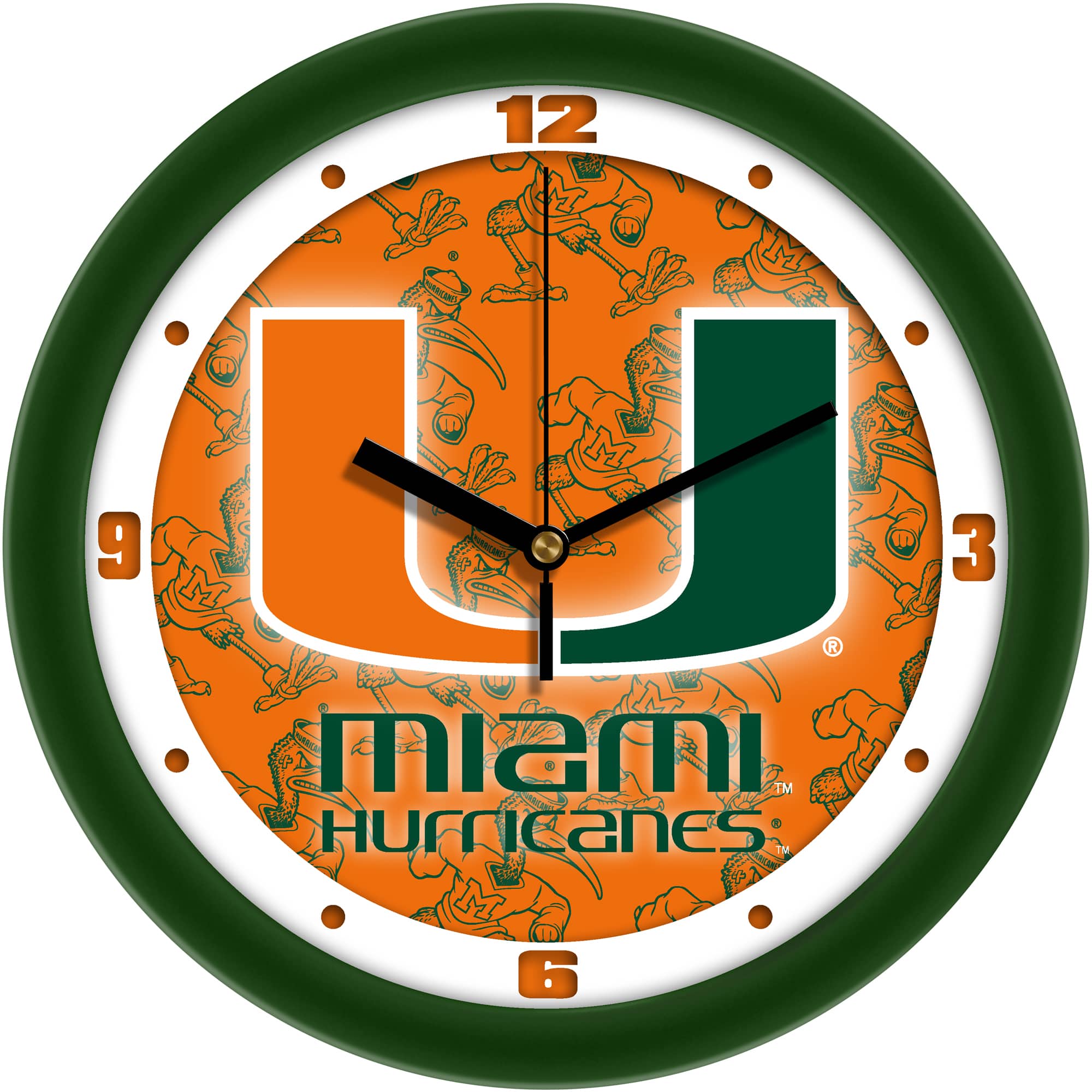 MpDirect - Miami Hurricanes 11.5'' Suntime Premium Glass Face Dimension Wall Clock - Multicolor