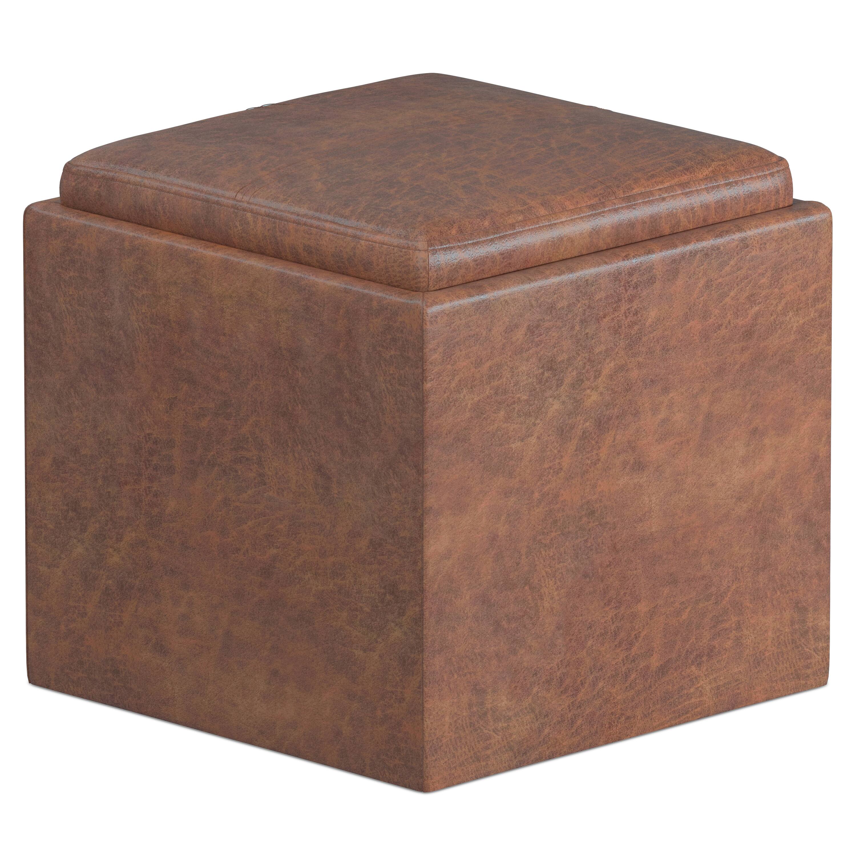 Angle. Simpli Home - Simpli Home Rockwood 24W Square Storage Ottoman with Tray Top - Distressed Saddle Brown.