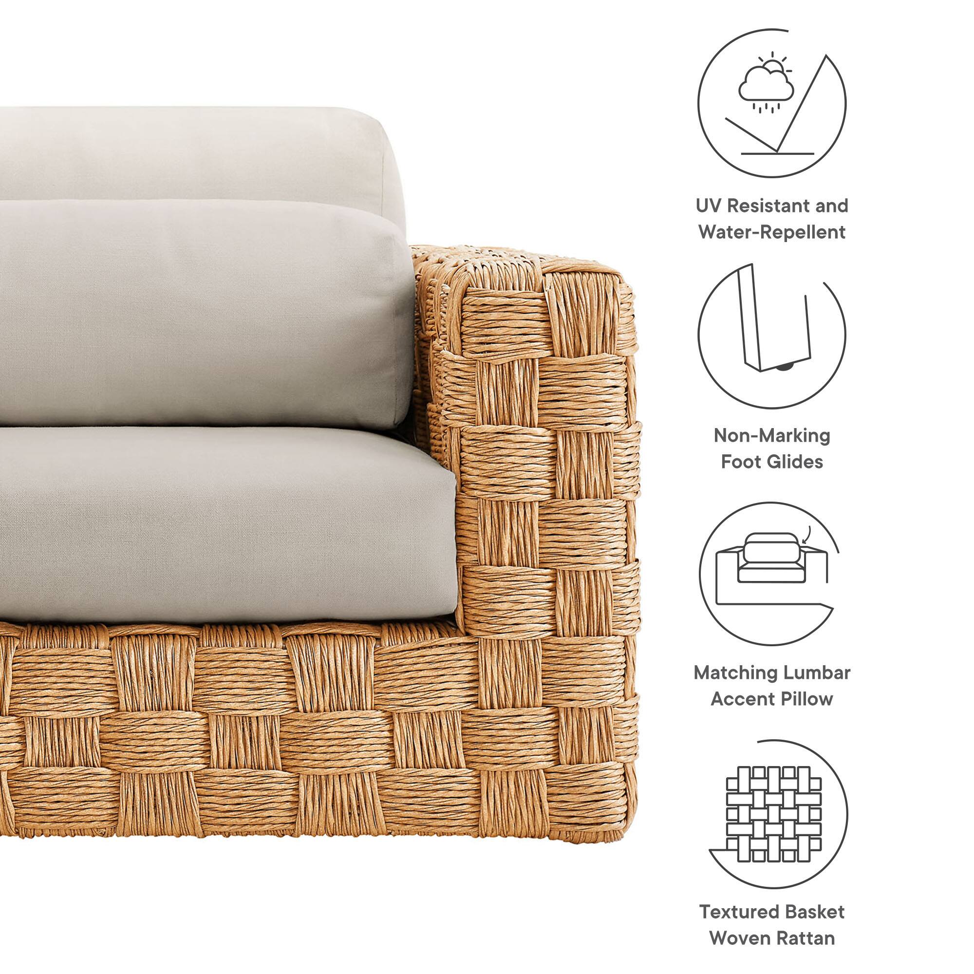 UV Resistant and Water-Repellent  
Non-Marking Foot Glides  
Matching Lumbar Accent Pillow  
Textured Basket Woven Rattan