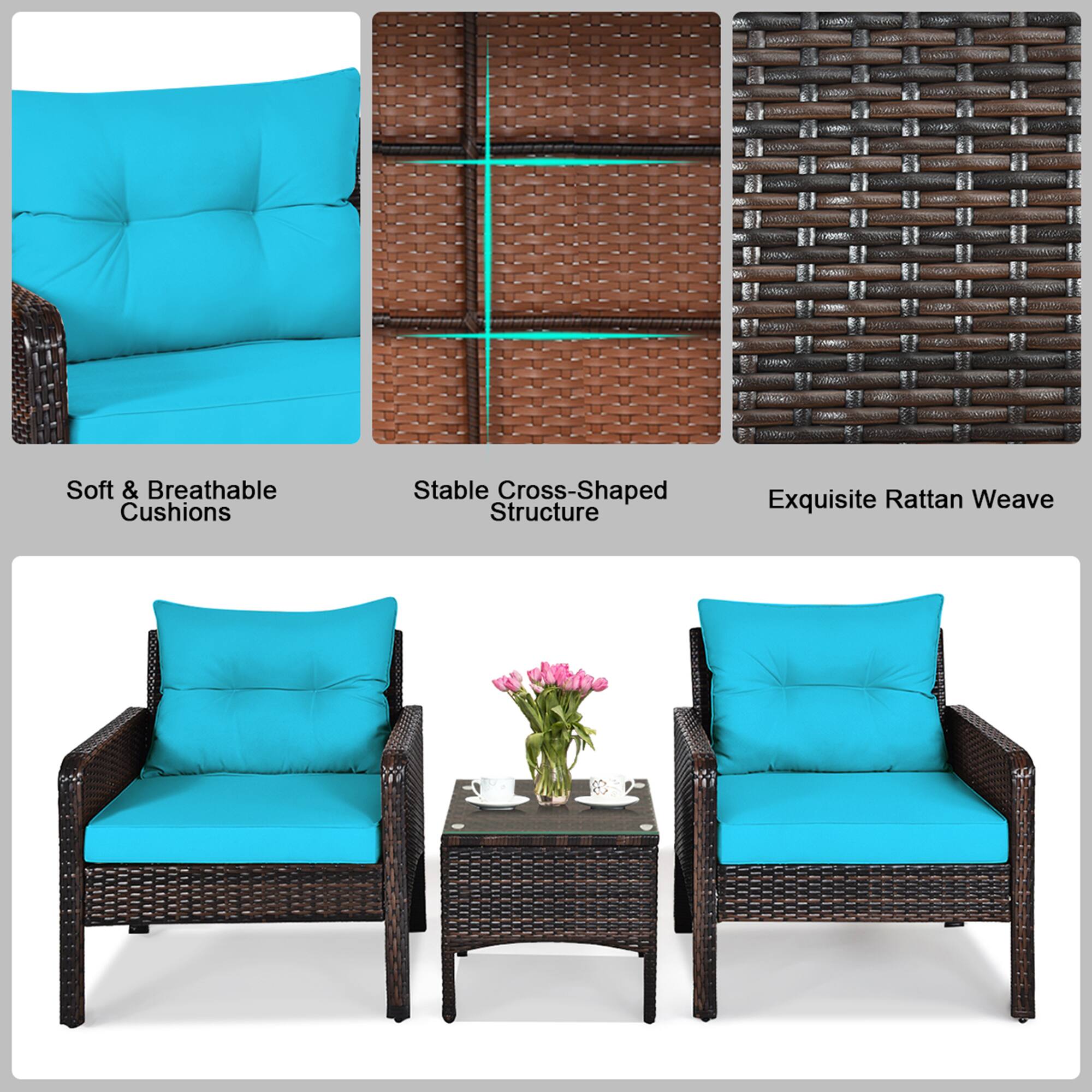 Soft & Breathable Cushions, Stable Cross-Shaped Structure, Exquisite Rattan Weave
