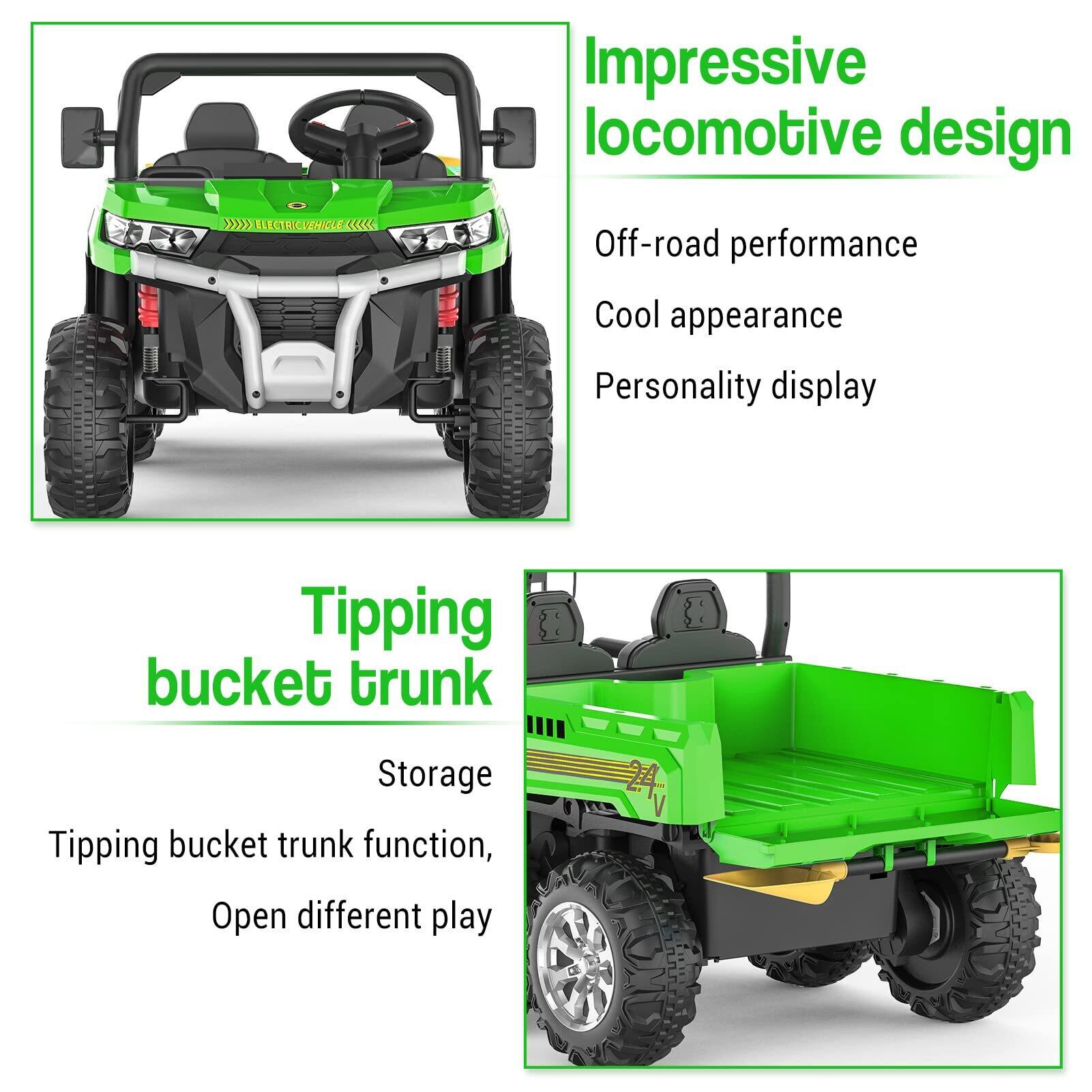 Impressive locomotive design  
- Off-road performance  
- Cool appearance  
- Personality display  

Tipping bucket trunk  
- Storage  
- Tipping bucket trunk function, Open different play