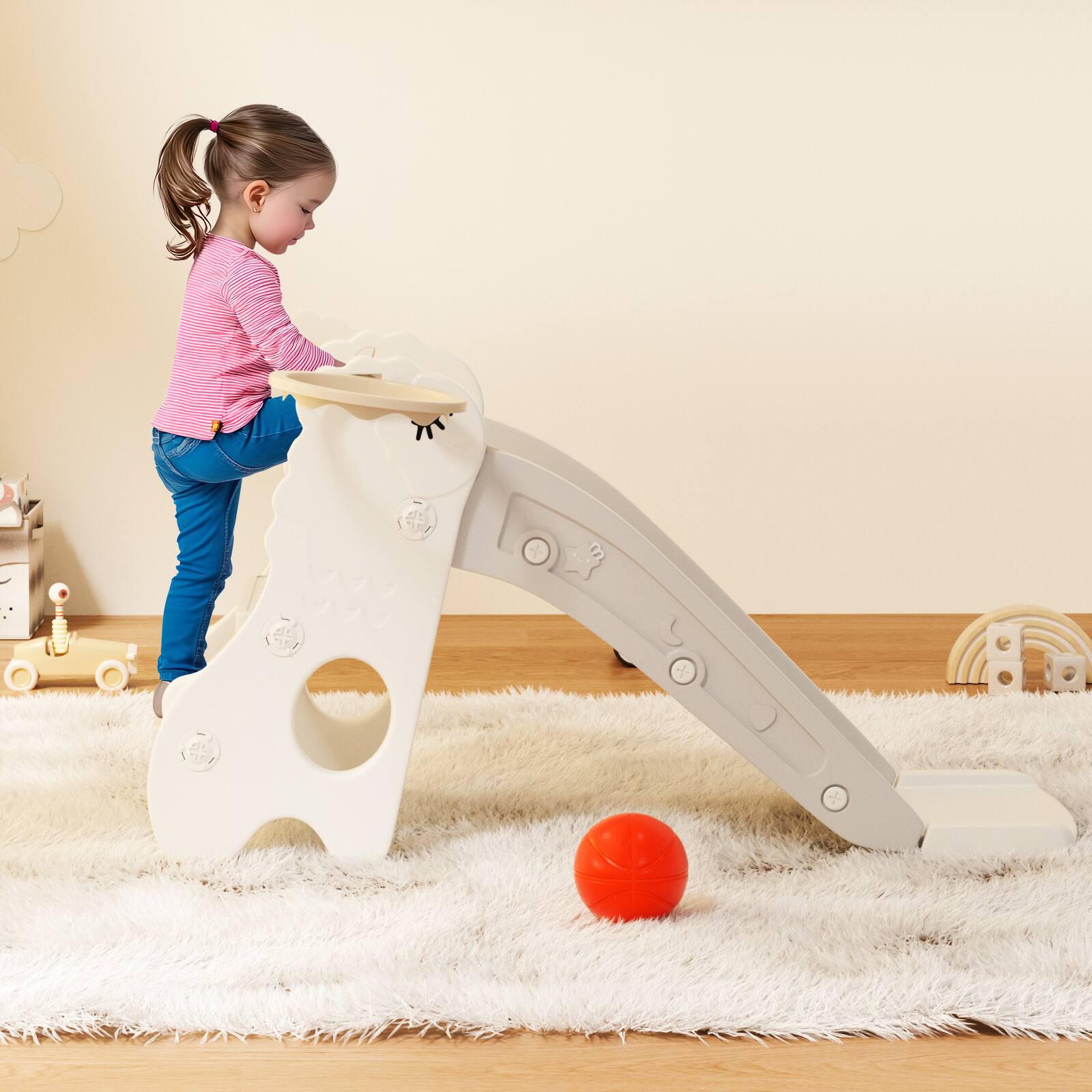 Alt View 2. Topteng - 3-in-1 Foldable Toddler Slide with Climber & Basketball Hoop - Pink.