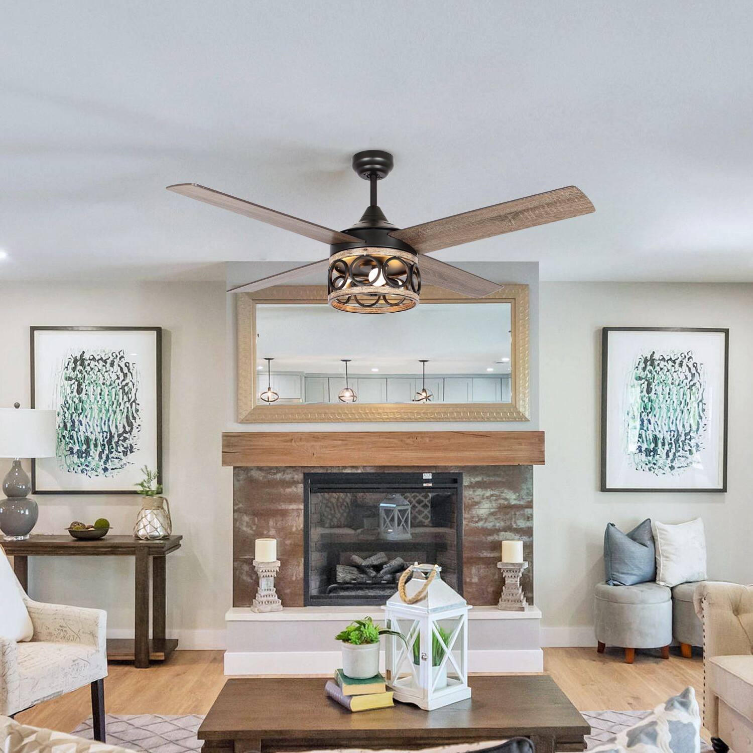 Angle. Parrot Uncle - 52" Farmhouse 4-Blade Caged Ceiling Fan with Remote Control - Black.