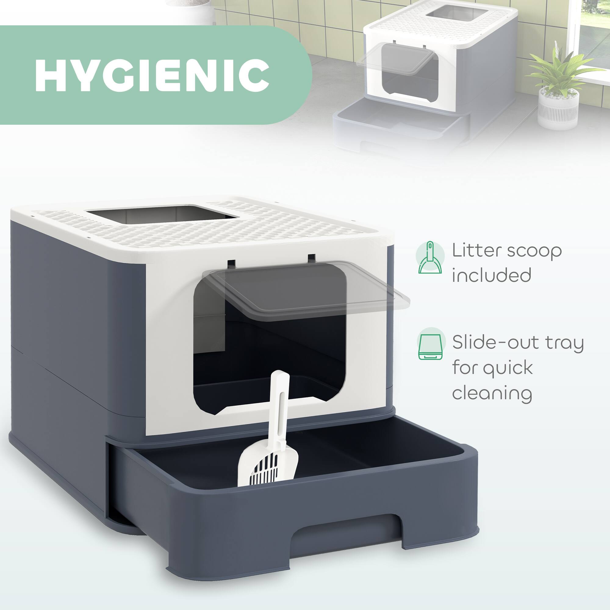HYGIENIC

- Litter scoop included
- Slide-out tray for quick cleaning