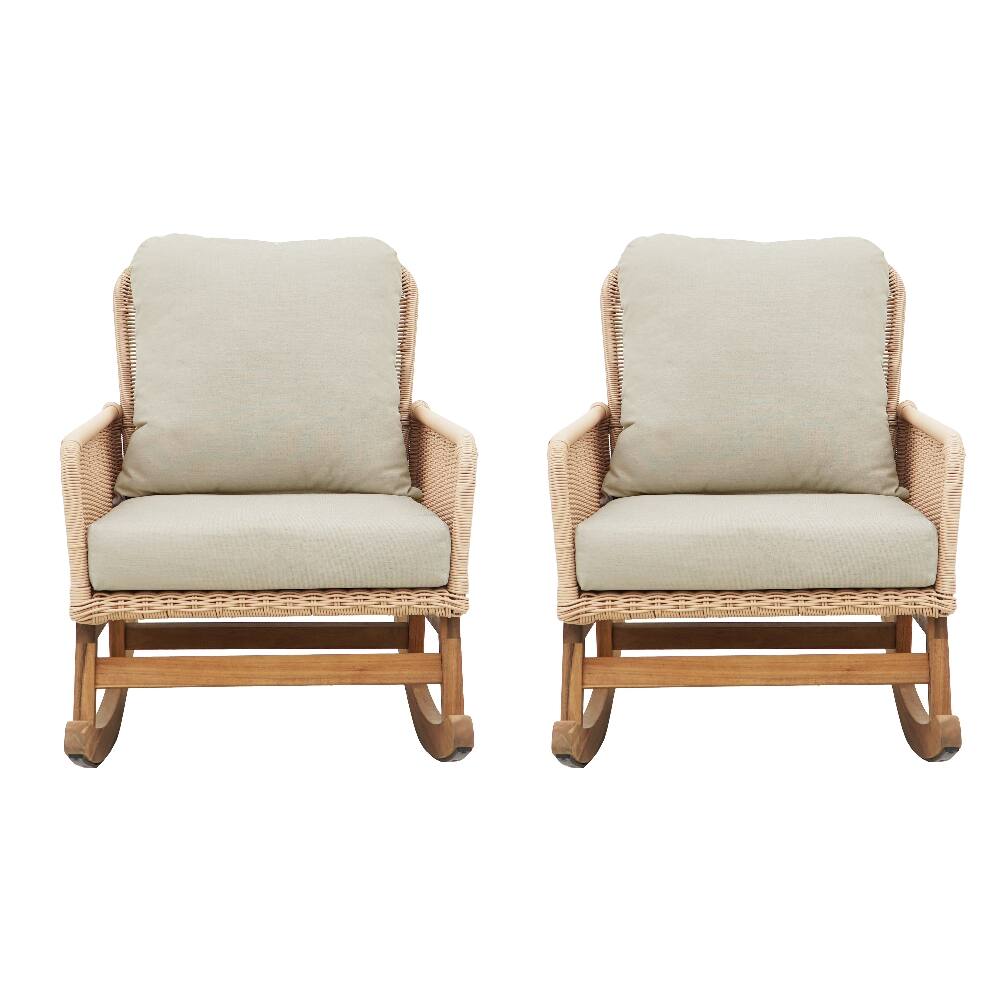 Left. Loheer - Loheer Beige Wicker Rocking Chair Set with Cushions Wooden Frame Indoor Outdoor Patio Seating - Beige.