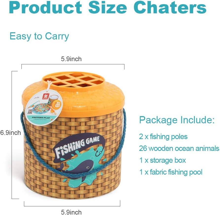Product Size Chaters  
Easy to Carry  
5.9inch  
6.9inch  

Package Include:  
2 x fishing poles  
26 wooden ocean animals  
1 x storage box  
1 x fabric fishing pool