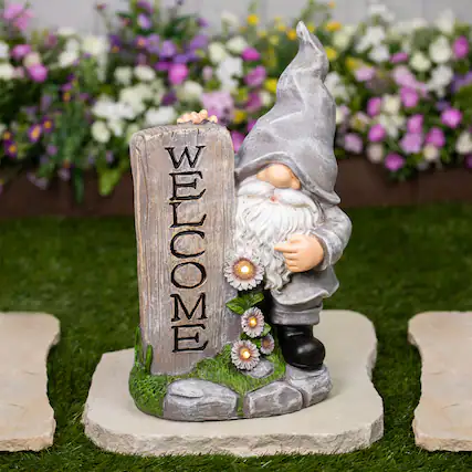 Front. Northlight - LED Solar Lighted Gnome Welcome Outdoor Garden Statue - 15.5" - Gray.