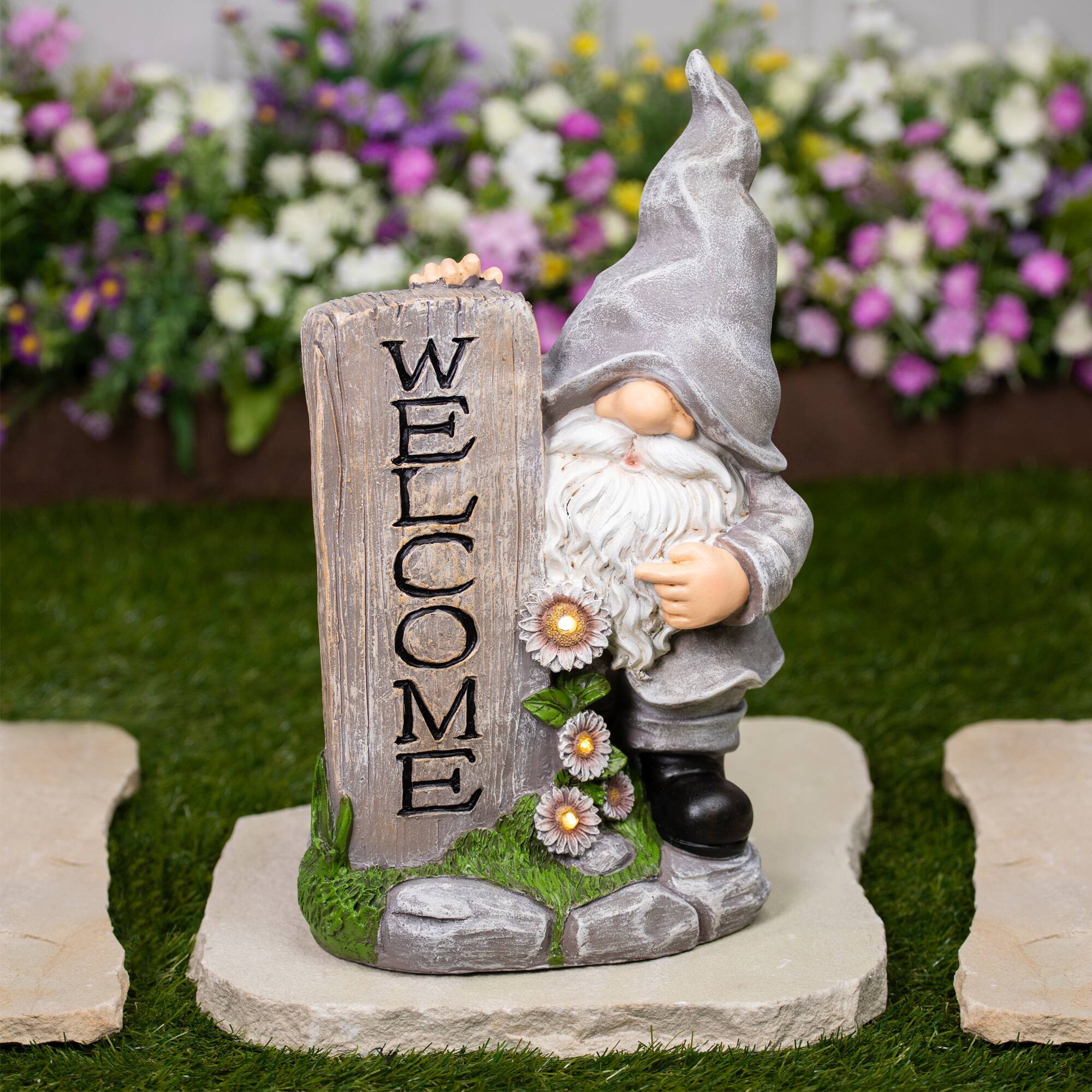 Front. Northlight - LED Solar Lighted Gnome Welcome Outdoor Garden Statue - 15.5" - Gray.