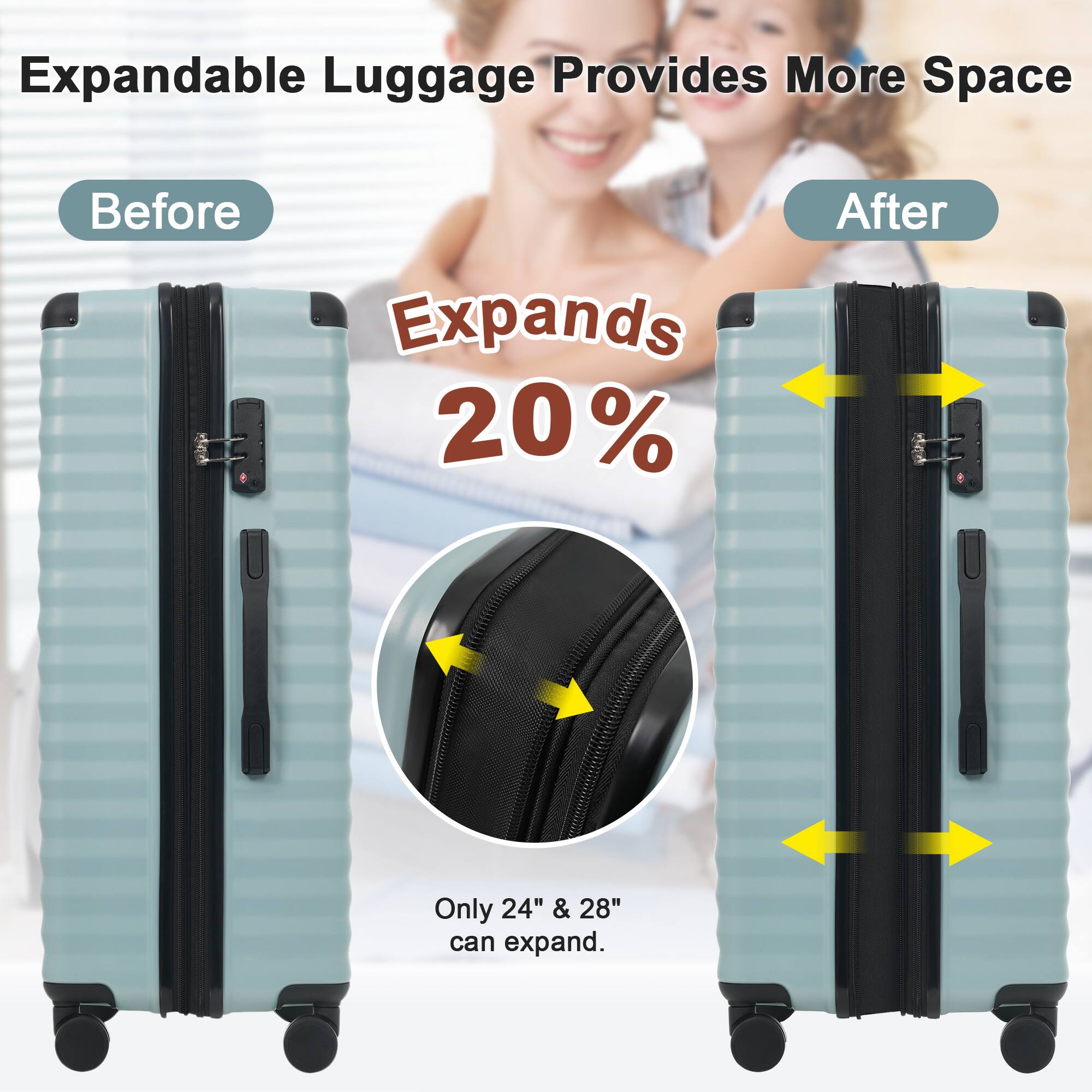 Expandable Luggage Provides More Space

Before

Expands 20%

After

Only 24" & 28" can expand.