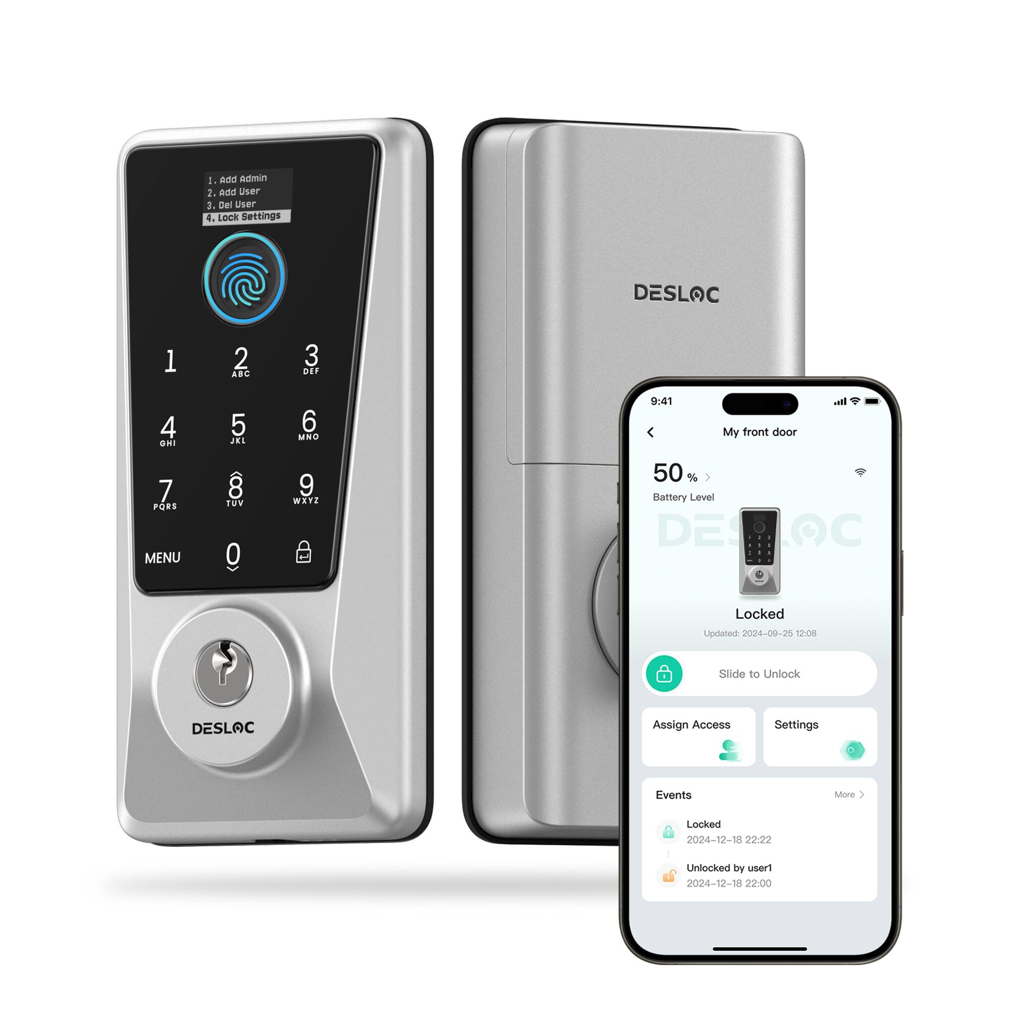 DESLOC - D110 Plus WiFi Smart Door Lock with Voice Control, Smart Keypad Deadbolt with Fingerprint and Visible Display - Silver