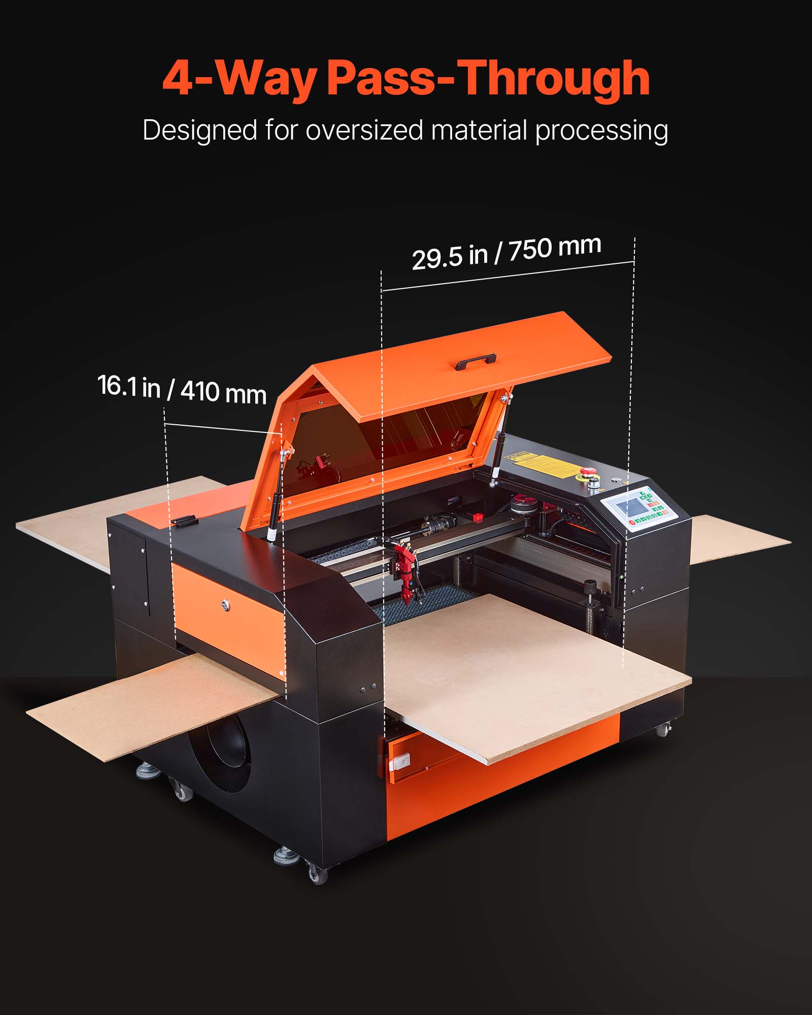 4-Way Pass-Through  
Designed for oversized material processing  

29.5 in / 750 mm  
16.1 in / 410 mm
