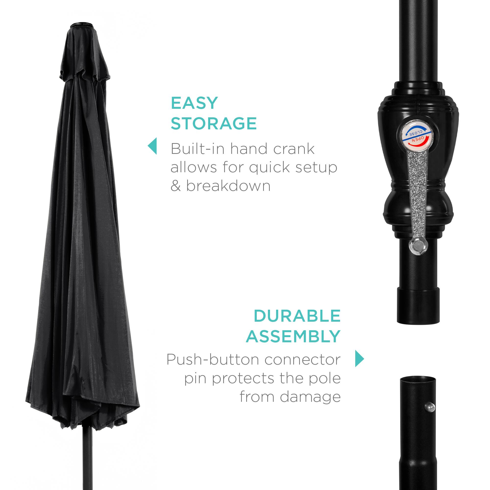 EASY STORAGE  
Built-in hand crank allows for quick setup & breakdown  

DURABLE ASSEMBLY  
Push-button connector pin protects the pole from damage