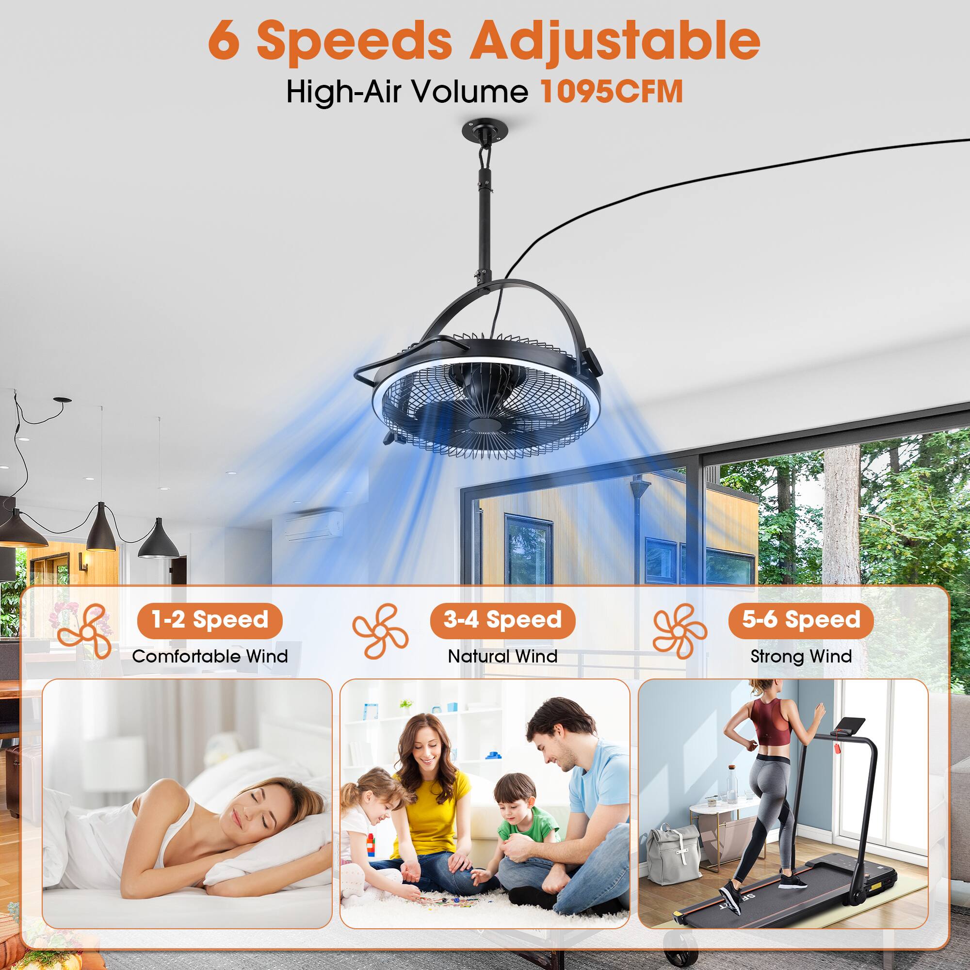 6 Speeds Adjustable  
High-Air Volume 1095CFM  

1-2 Speed  
Comfortable Wind  

3-4 Speed  
Natural Wind  

5-6 Speed  
Strong Wind