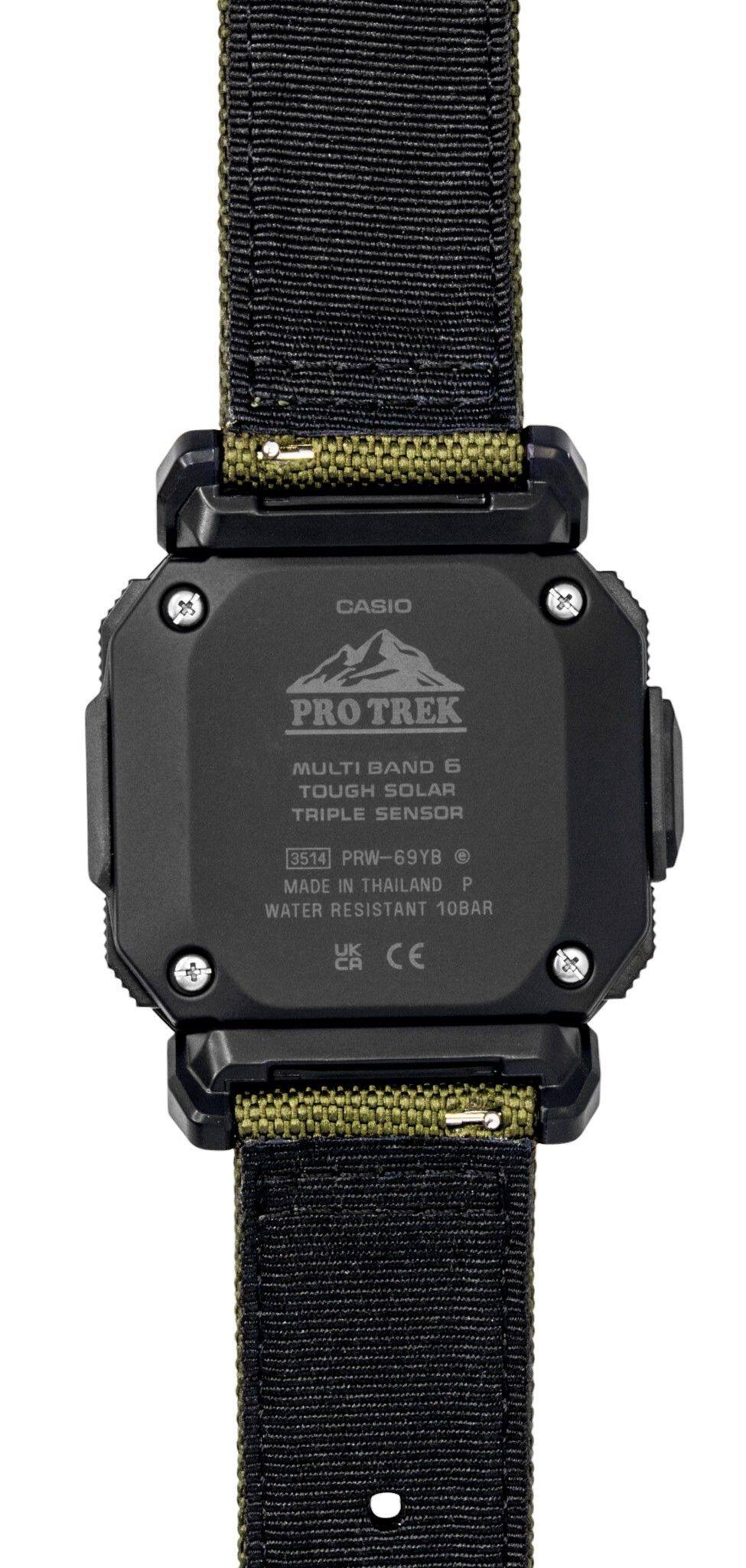 CASIO  
PRO TREK  
MULTI BAND 6 TOUGH SOLAR TRIPLE SENSOR  
3514 PRW-69YB  
MADE IN THAILAND  
WATER RESISTANT 10BAR  
UK CA