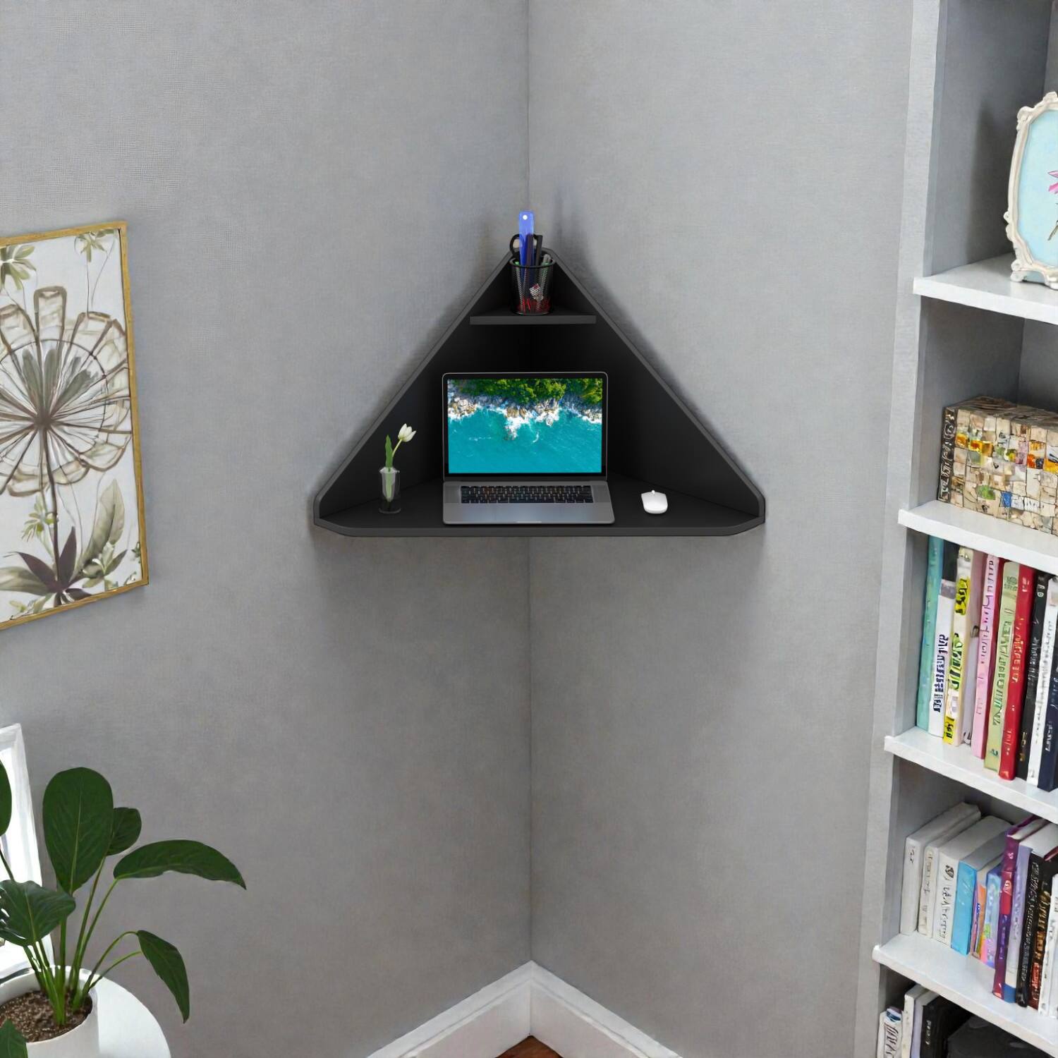 Hivvago - Space-Saving Floating Corner Workstation with Storage Compartment - Black