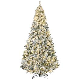 BreeBe - 9ft Tall Prelit Artificial Christmas Tree Holiday Décor with 1868 Snow Flocked Branches - Green