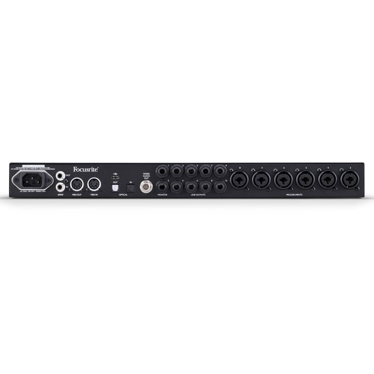 Focusrite

- USB
- SPDIF OUT
- SPDIF IN
- WORD CLOCK OUT
- WORD CLOCK IN
- MIDI OUT
- MIDI IN
- OPTICAL OUT
- PHONES
- LINE OUT 1/2
- LINE OUT 3/4
- PHONES
- LINE IN 1/2
- LINE IN 3/4