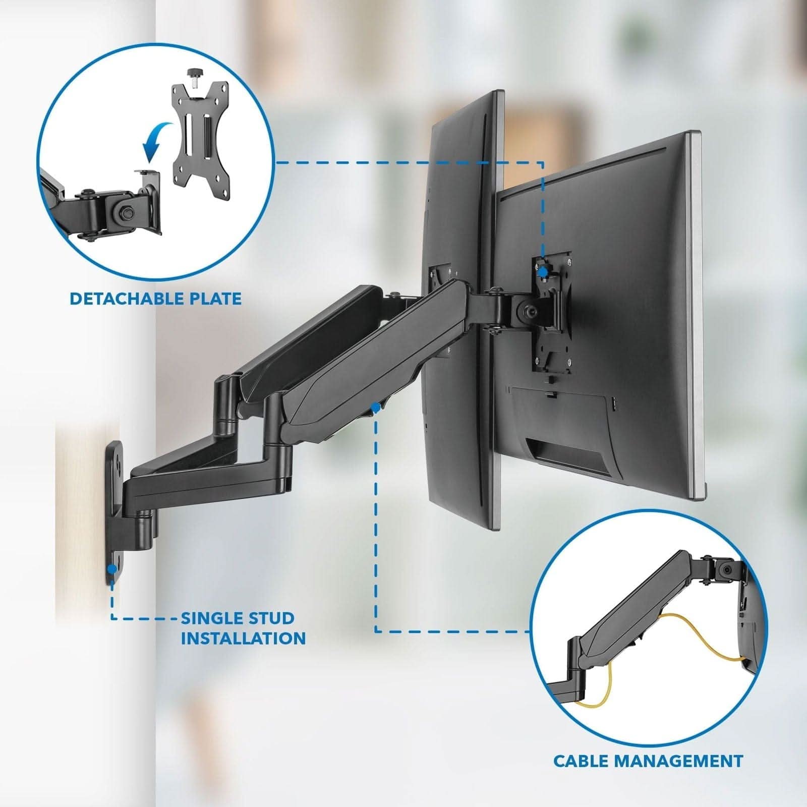 - DETACHABLE PLATE
- SINGLE STUD INSTALLATION
- CABLE MANAGEMENT