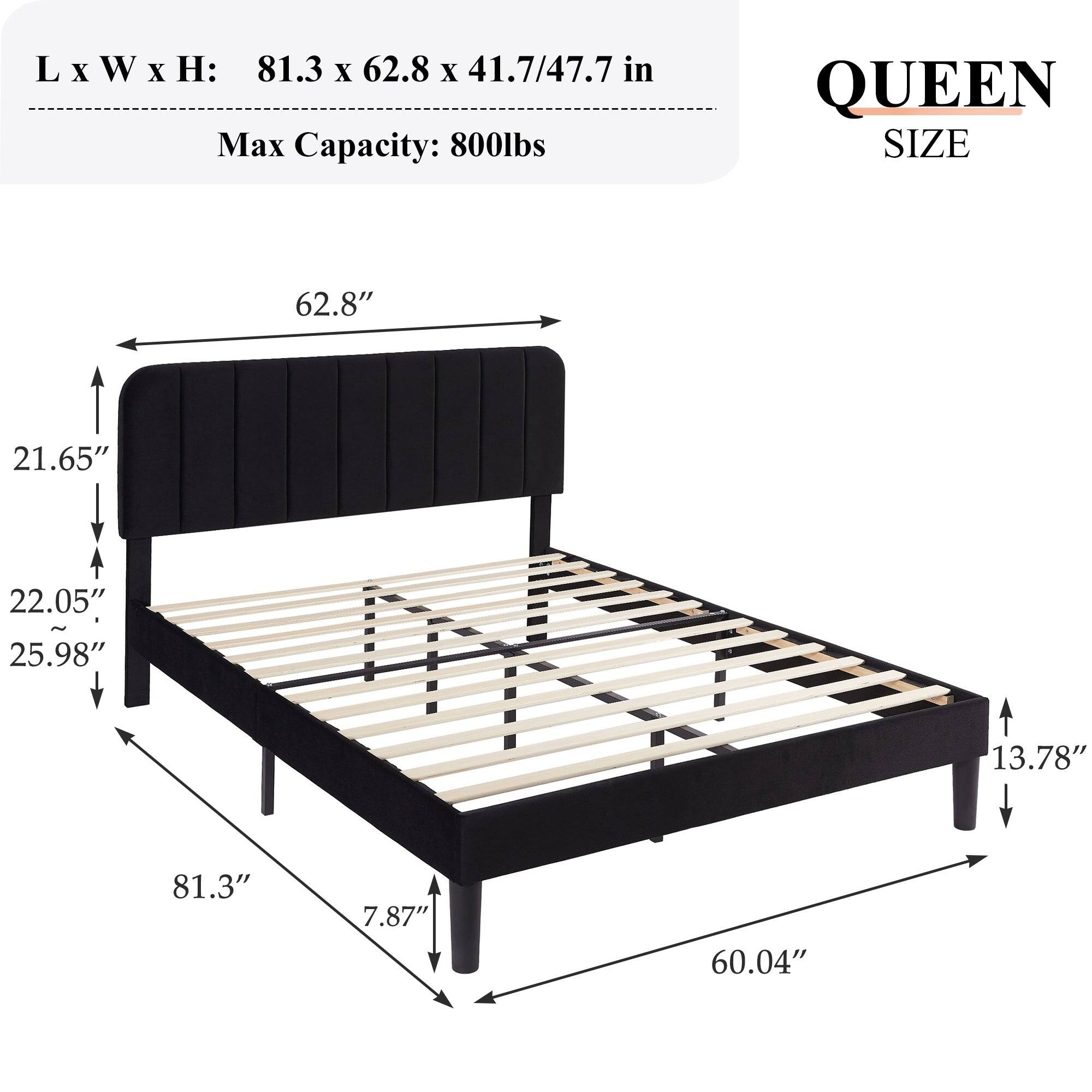 L x W x H: 81.3 x 62.8 x 41.7/47.7 in  
Max Capacity: 800lbs  
QUEEN SIZE  

62.8"  
21.65"  
22.05"  
25.98"  
13.78"  
81.3"  
7.87"  
60.04"