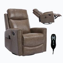 LUCKY ONE - Genuine Leather Manual Recliner Chair with 360° Swivel, Rocker, Heat Massage - Camel