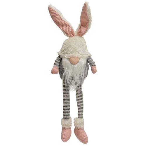 Front. BreeBe - *Striped Bunny Gnome with Dangle Legs - White, Grey, Pink.