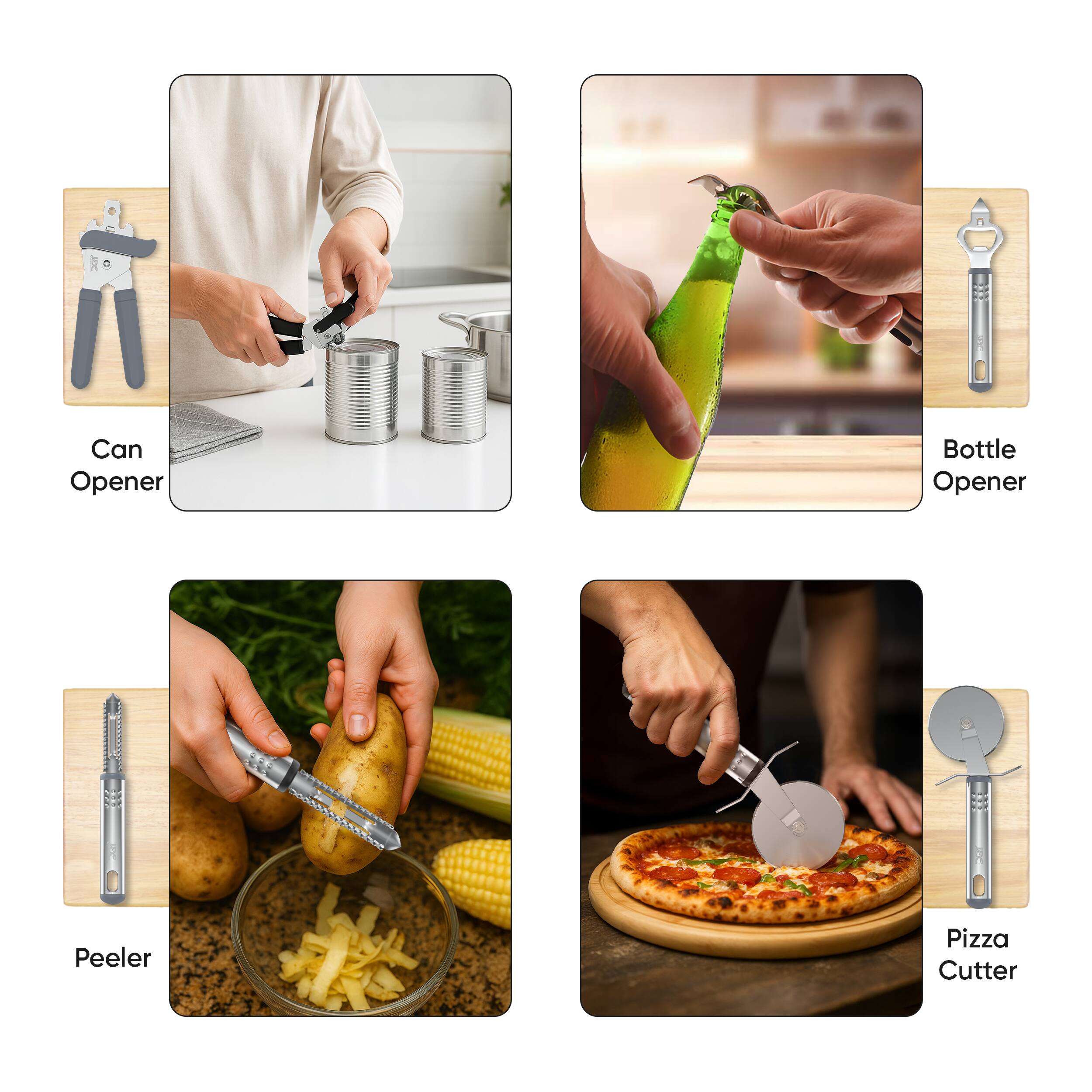 Can Opener  
Bottle Opener  
Peeler  
Pizza Cutter