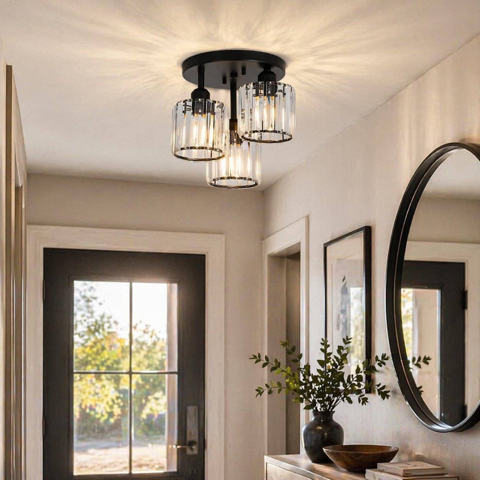 Back. RYHNUYNE - 3-Light Semi Flush Mount Ceiling Fixture with Clear Crystal Accents, Modern Close-to-Ceiling Black Metal Design.