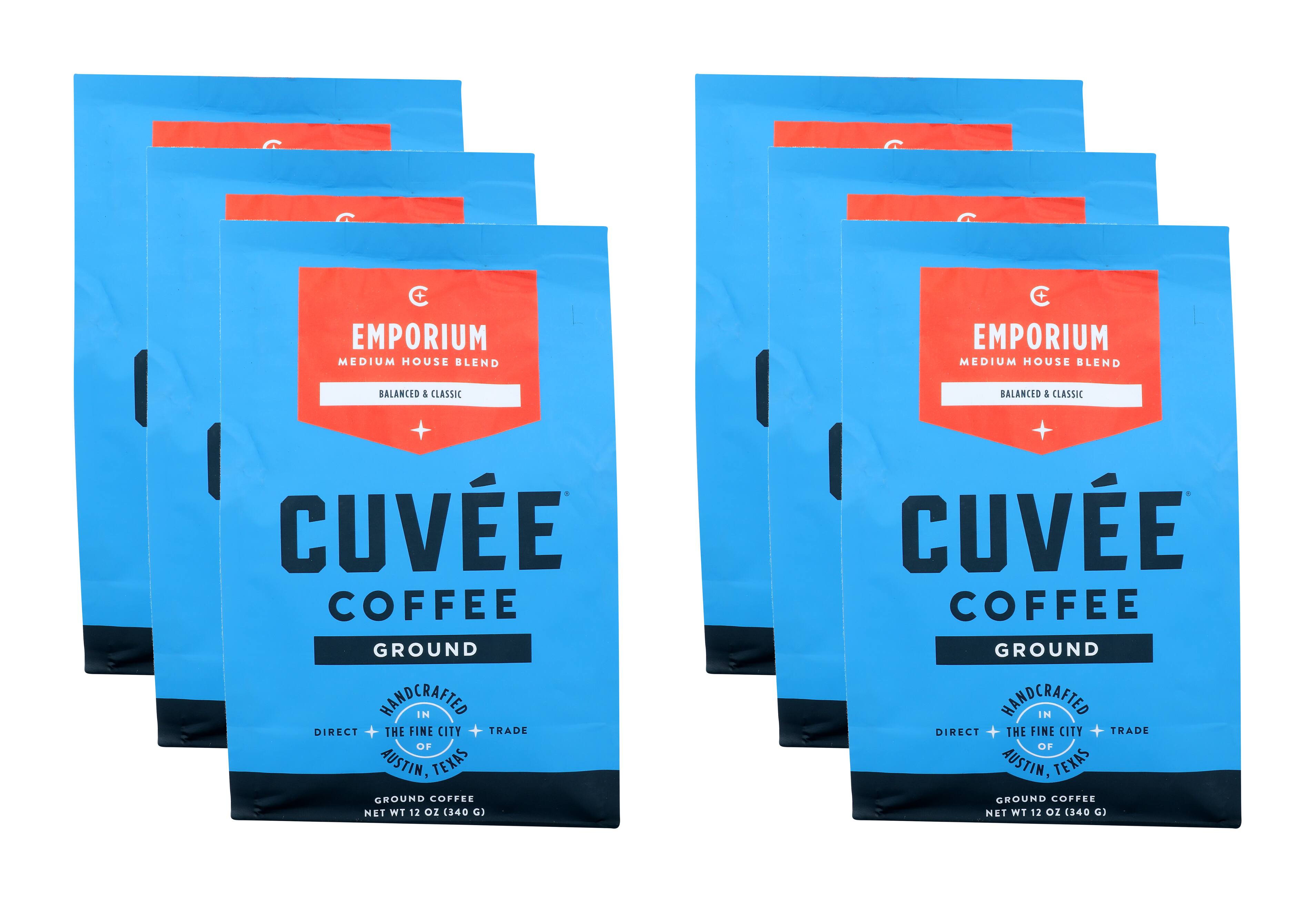 EMPORIUM  
MEDIUM HOUSE BLEND  
BALANCED & CLASSIC  

CUVÉE  
COFFEE  
GROUND  

HANDCRAFTED IN  
DIRECT + THE FINE CITY + TRADE  
OF AUSTIN, TEXAS  

GROUND COFFEE  
NET WT 12 OZ (340 G)