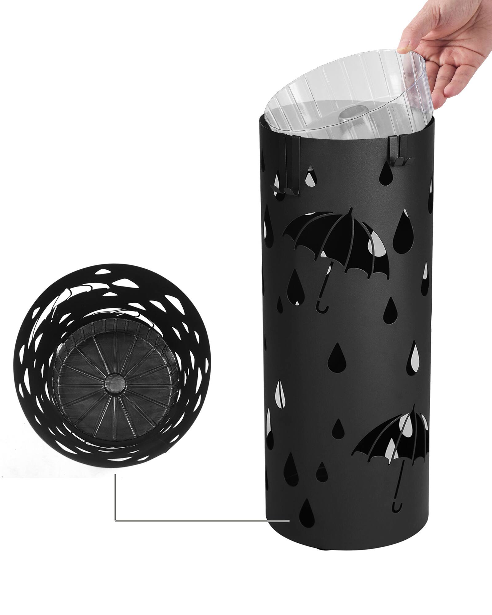 Alt View 2. Songmics Home - Umbrella Stand, Metal Umbrella Holder for Entryway, with Water Tray and 4 Hooks, 7.7 x 7.7 x 19.3 Inches, Round - Ink Black.
