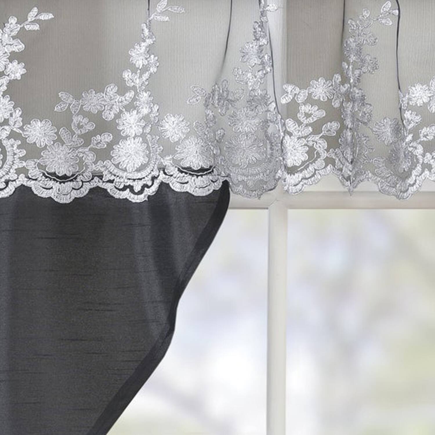 Left. RT Designers Collection - RT Designers Collection Polyester Bethany Embroidered 3 PC Kitchen Curtains Tier & Swag Set 60" x 36" Black - Black.