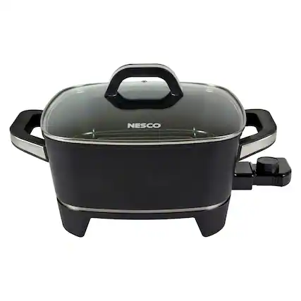 Front. Nesco - 12" Electric Skillet, Vented Glass Lid, Steaming and Roasting Rack - Black.