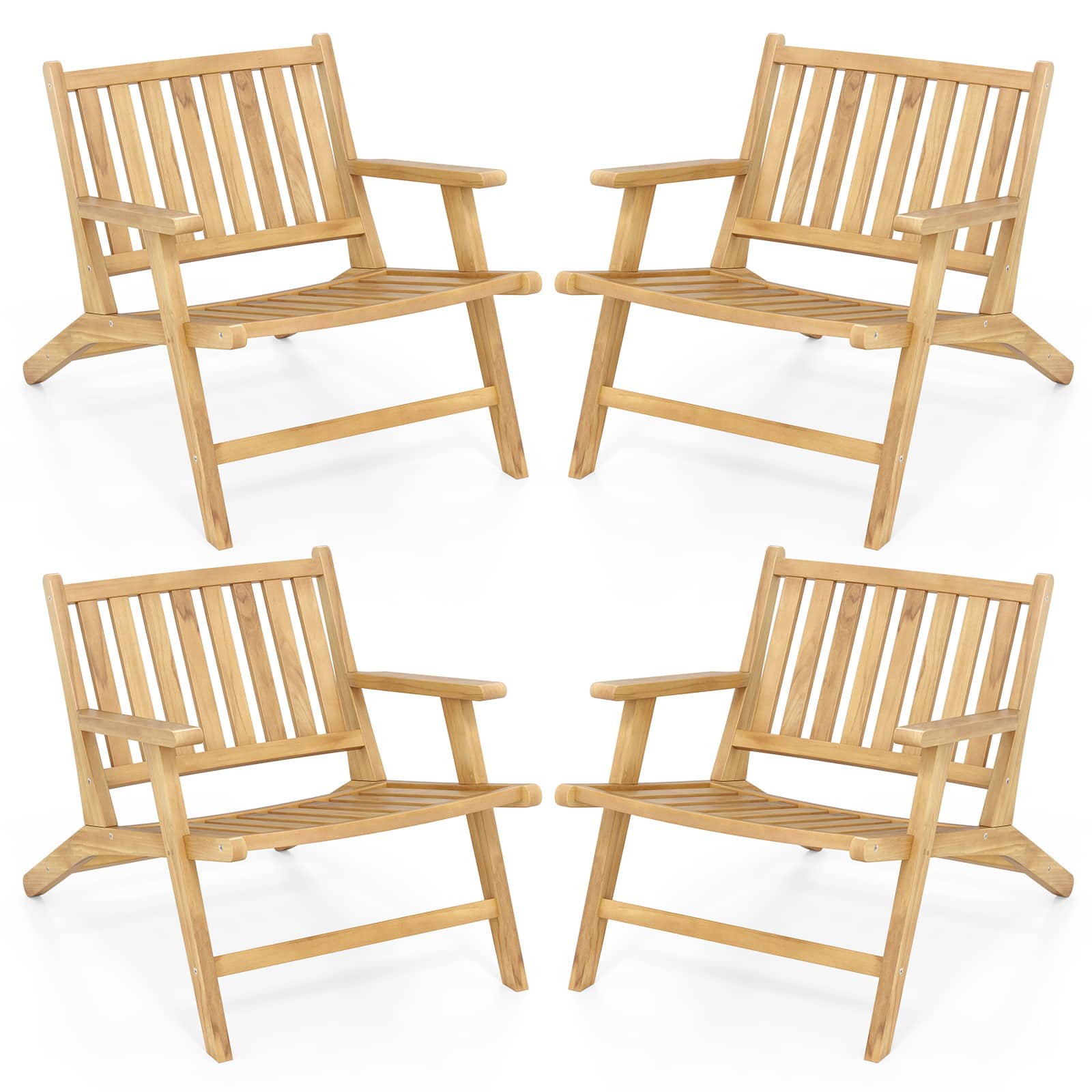 Gymax - 4PCS Teak Wood Outdoor Reclining Chair w/ Comfortable Backrest & Armrests - Natural