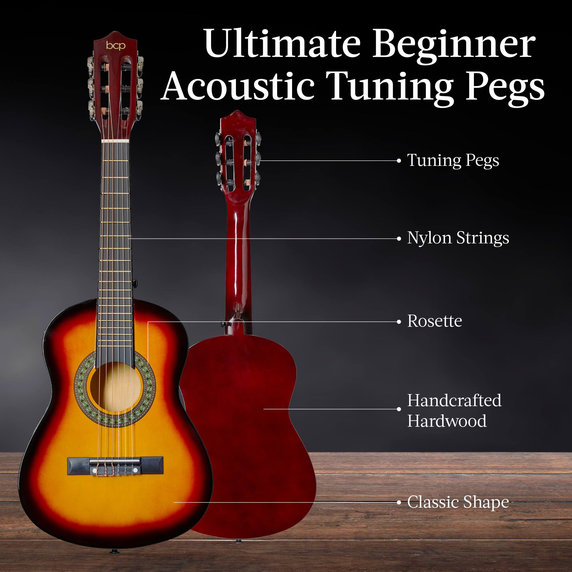 Ultimate Beginner Acoustic Tuning Pegs

- Tuning Pegs
- Nylon Strings
- Rosette
- Handcrafted Hardwood
- Classic Shape