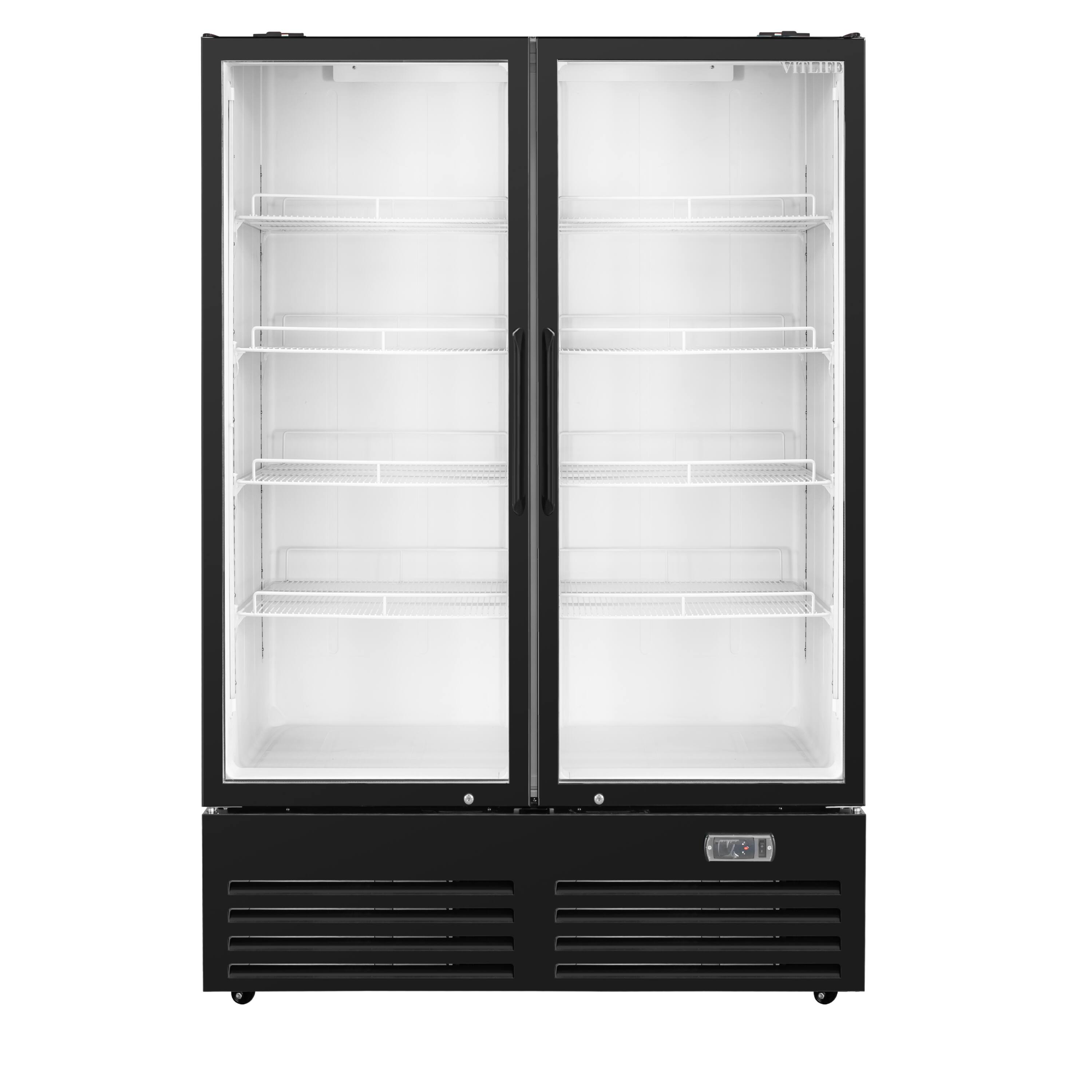 Left. Equator - Equator Vitlife 36 Cu Ft Commercial 2 Glass Door Merchandiser Refrigerator, LED, Adjustable Shelves, Auto Defrost ETL - Black.