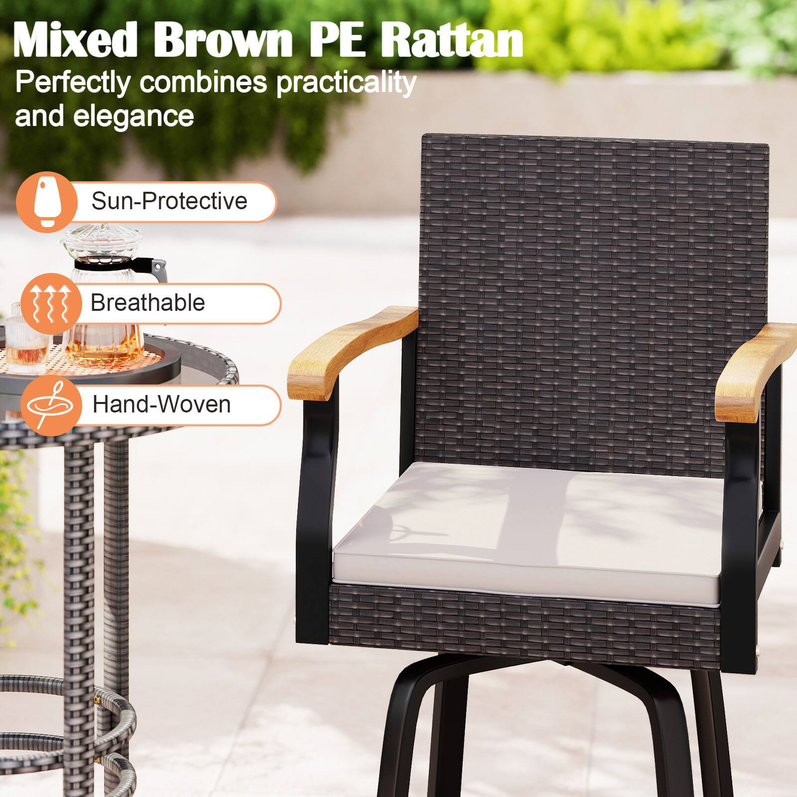 Mixed Brown PE Rattan  
Perfectly combines practicality and elegance

- Sun-Protective
- Breathable
- Hand-Woven