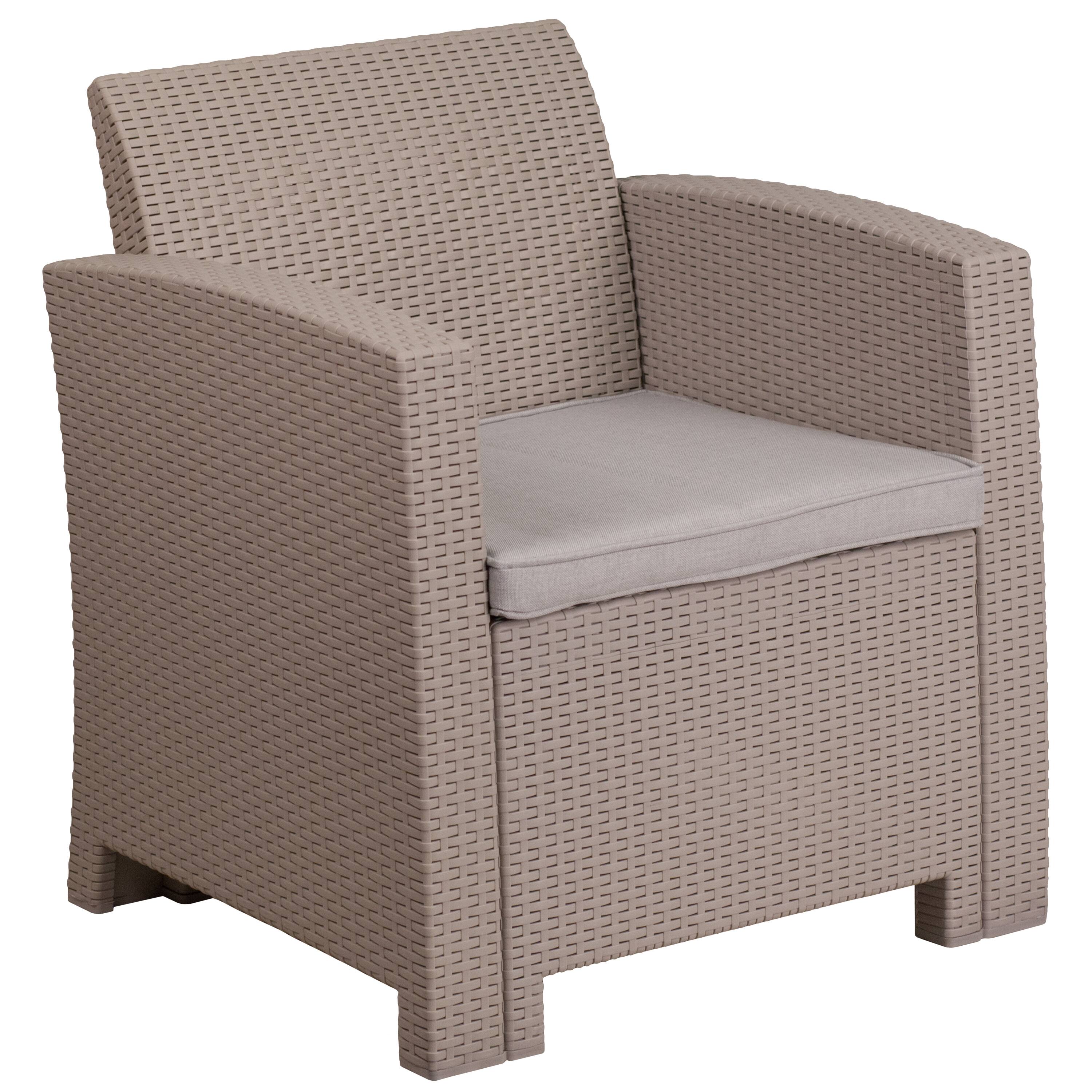 Front. Emma + Oliver - Faux Rattan Chair with All-Weather Cushion - Light Gray.