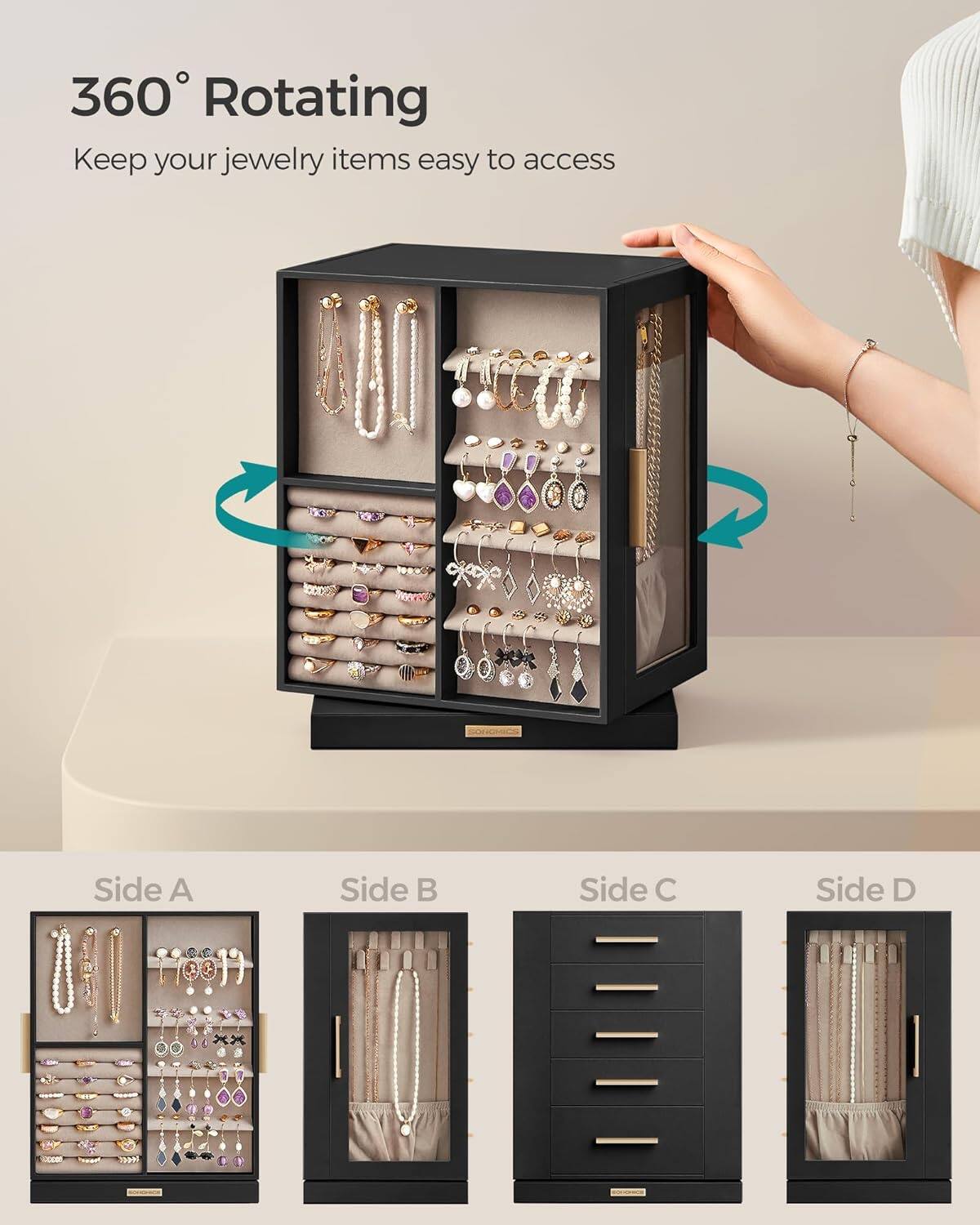 360° Rotating  
Keep your jewelry items easy to access  

Side A  
Side B  
Side C  
Side D